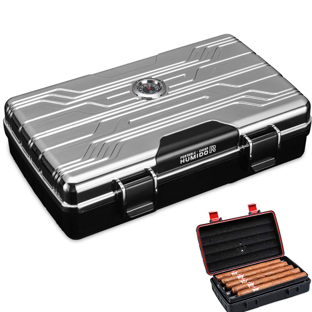Premium Portable Cigar Humidor Travel Case - Lightweight Airtight Cigar Box with Built-in Hygrometer & Humidifier - 10 Pack Silver - Perfect for Travel, Gifts & Cigar Storage
