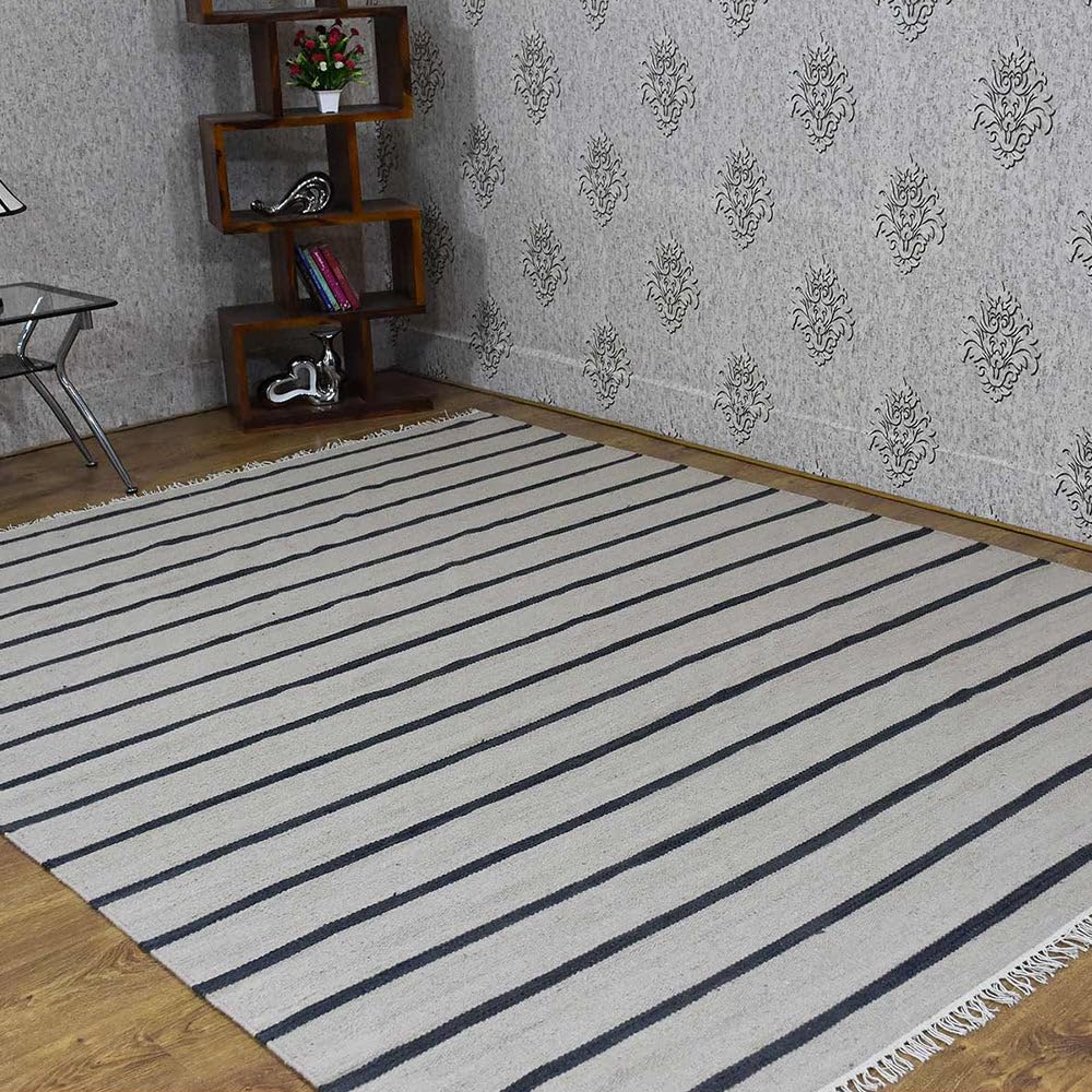 Handwoven Flat Weave Kilim Wool Eco-Friendly Area Rug 5'x8' - Cream Charcoal Contemporary Low Pile Rectangle Rug for Living Room, Bedroom & Dining Room | D00118 | Rugsotic Carpets