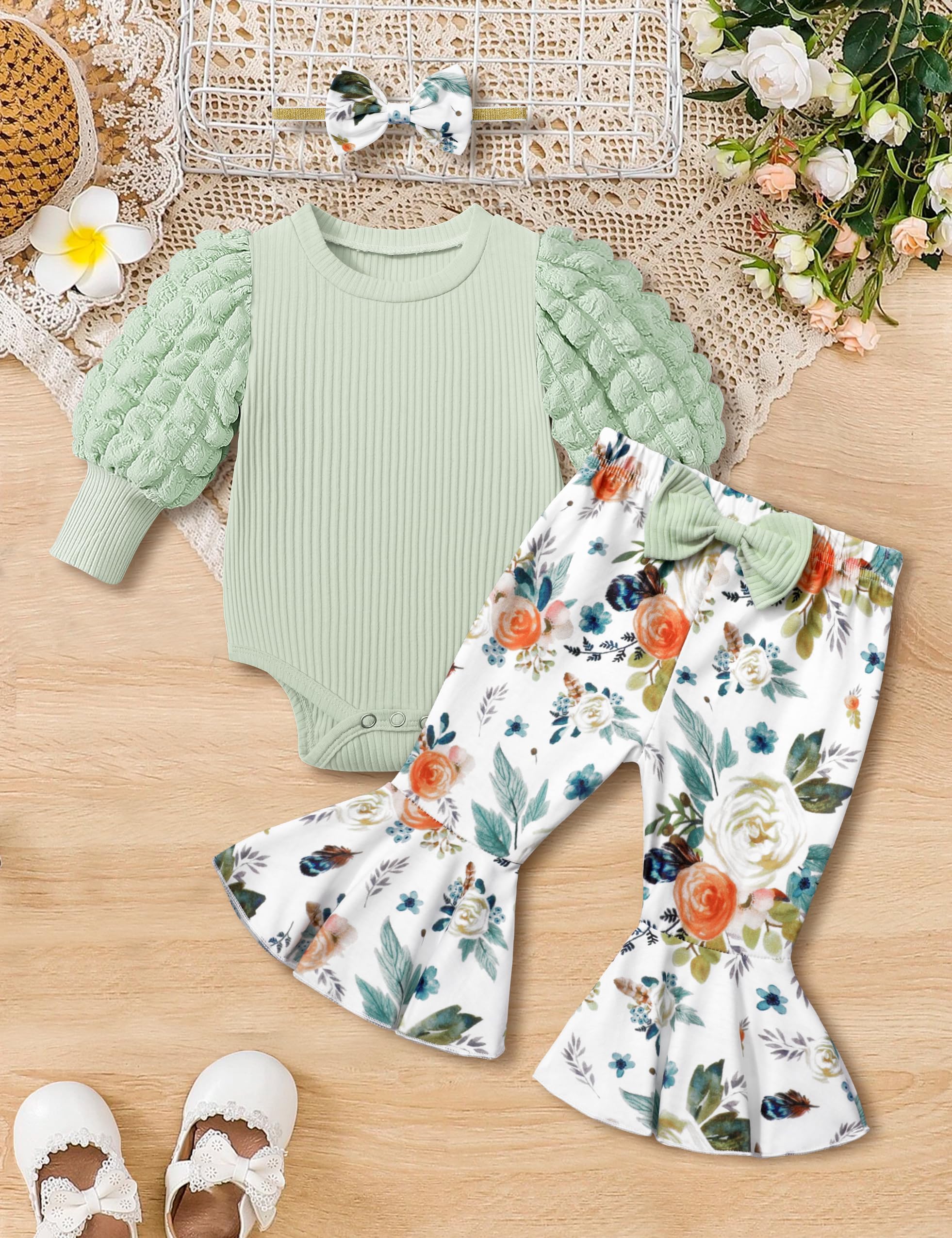 NAPU Baby Girl Clothes - 3Pcs Long Sleeve Romper Outfit Set with Flare Pants & Headband | Winter & Fall Baby Girl Outfits | Perfect for Holiday Photos, Family Gatherings & Daily Wear