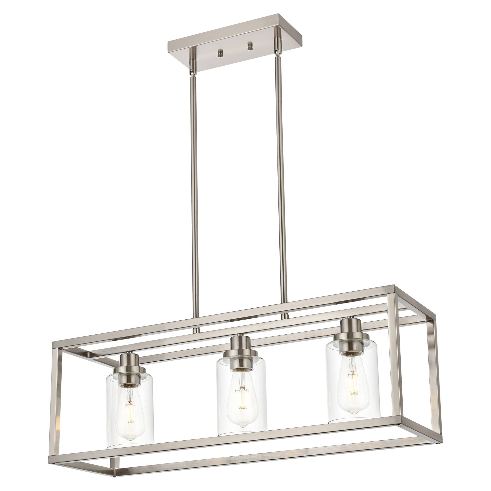 Modern 3-Light Rectangle Chandelier - Brushed Nickel Finish with Clear Glass Shade for Dining Room, Kitchen Island, Hallway & Living Room | Elegant Ceiling Lighting Fixture for Home Decor & Entertaining