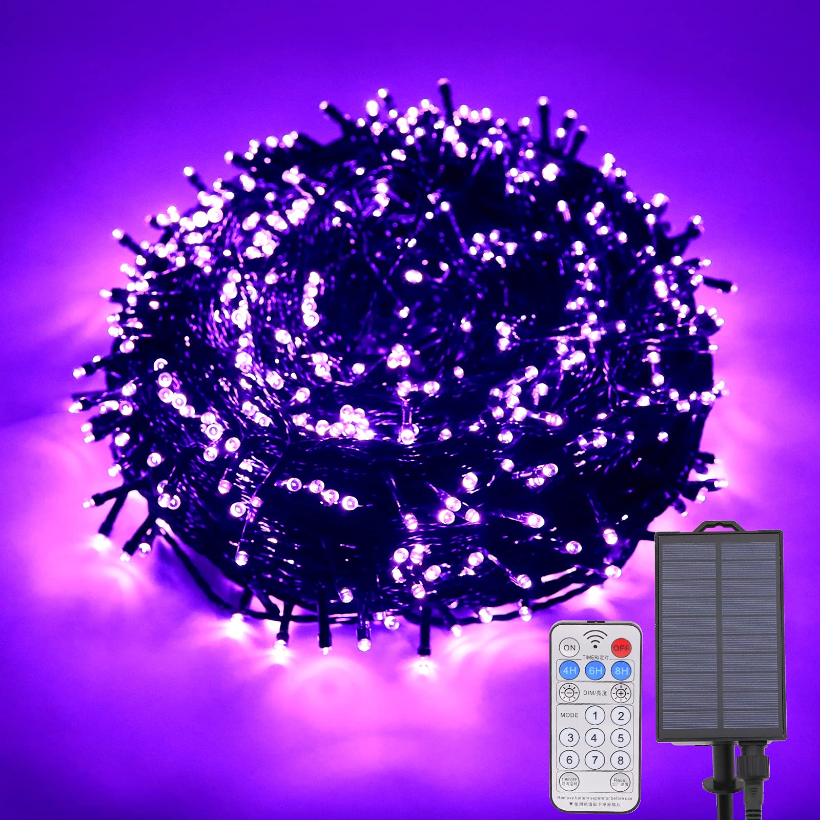 GNIXLING 393.7ft 1000 LED Solar Halloween String Lights - Waterproof Outdoor Fairy Lights for Garden, Backyard, Porch, Balcony - Perfect for Holiday Parties, House Wall Decor & Nighttime Ambiance (Purple)
