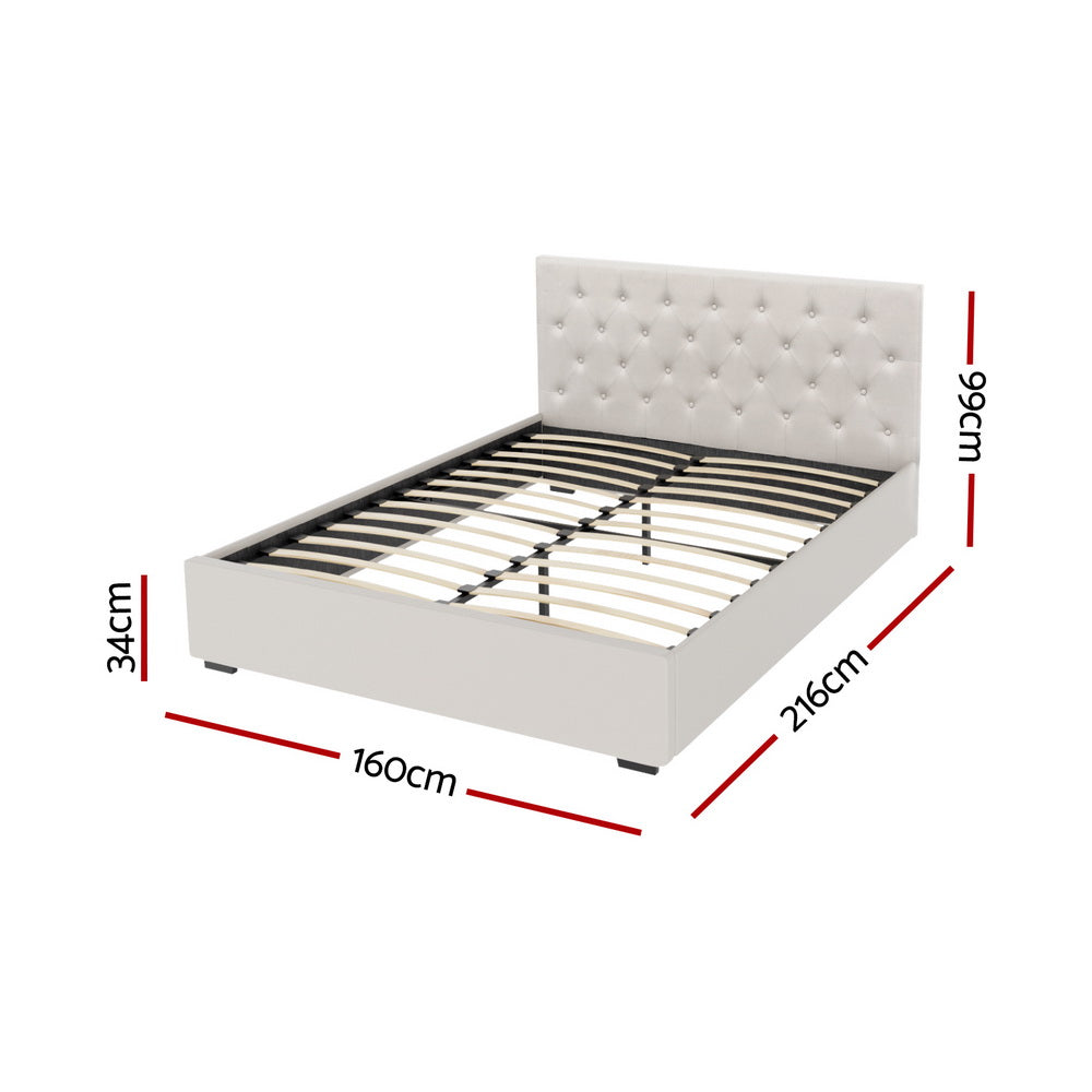 Dorilla Gas Lift Storage Queen Bed Frame with Hydraulic System - Beige Upholstered Platform Bed for Small Spaces, Guest Rooms & Apartments