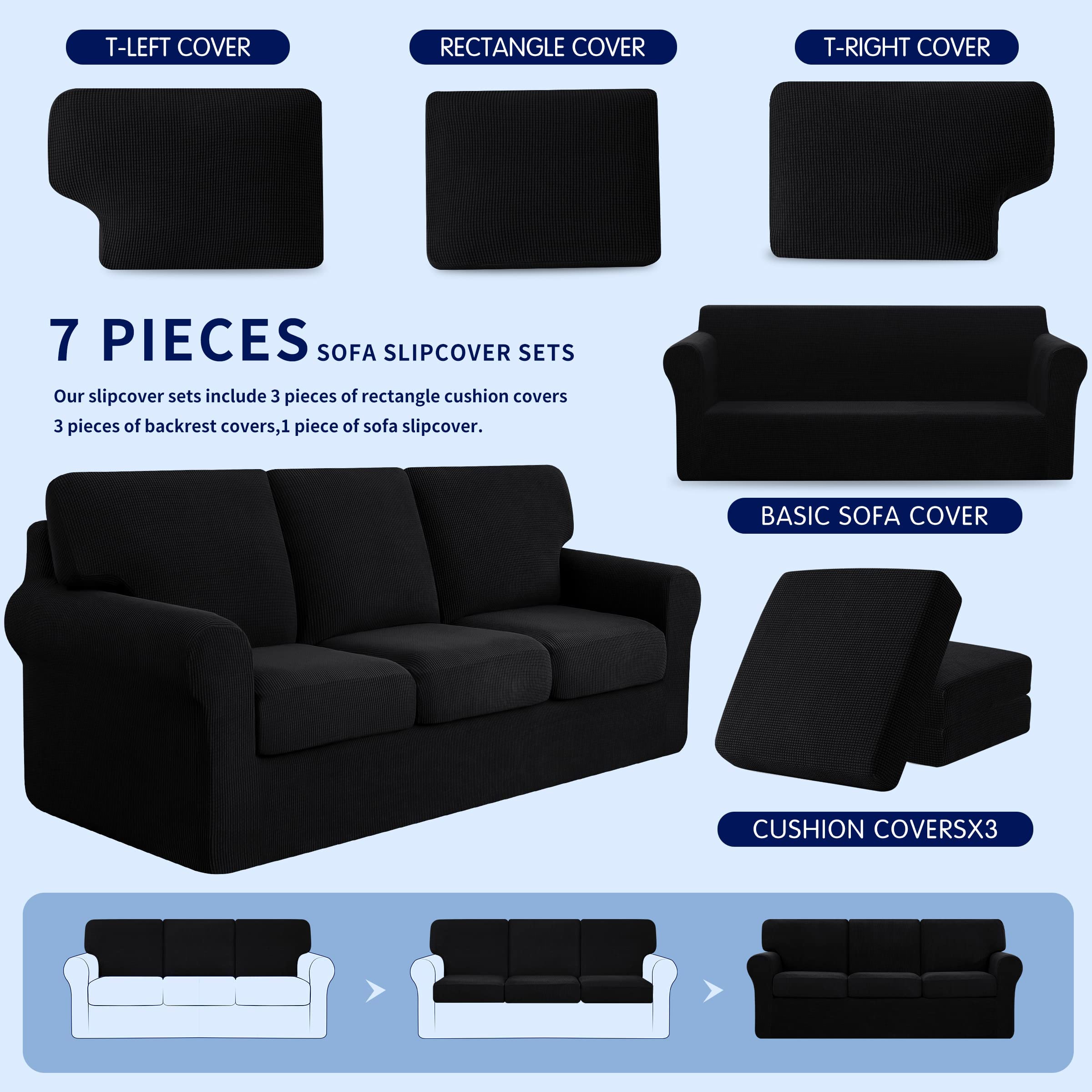 SUBRTEX 3-Piece Armchair Cover & 7-Piece Sofa Slipcover Set - Stretchable Couch Cover with Separate Backrest & Cushion Covers - Living Room Furniture Protector (Small/Large, Black) | Perfect for Home Decor, Pet Protection & Furniture Renewal