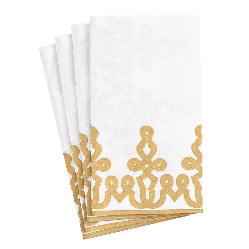 Premium Caspari Dessin Passementerie Gold Linen Paper Guest Towels & Napkins - Set of 12 | Elegant Table Setting for Dinner Parties, Weddings & Special Events