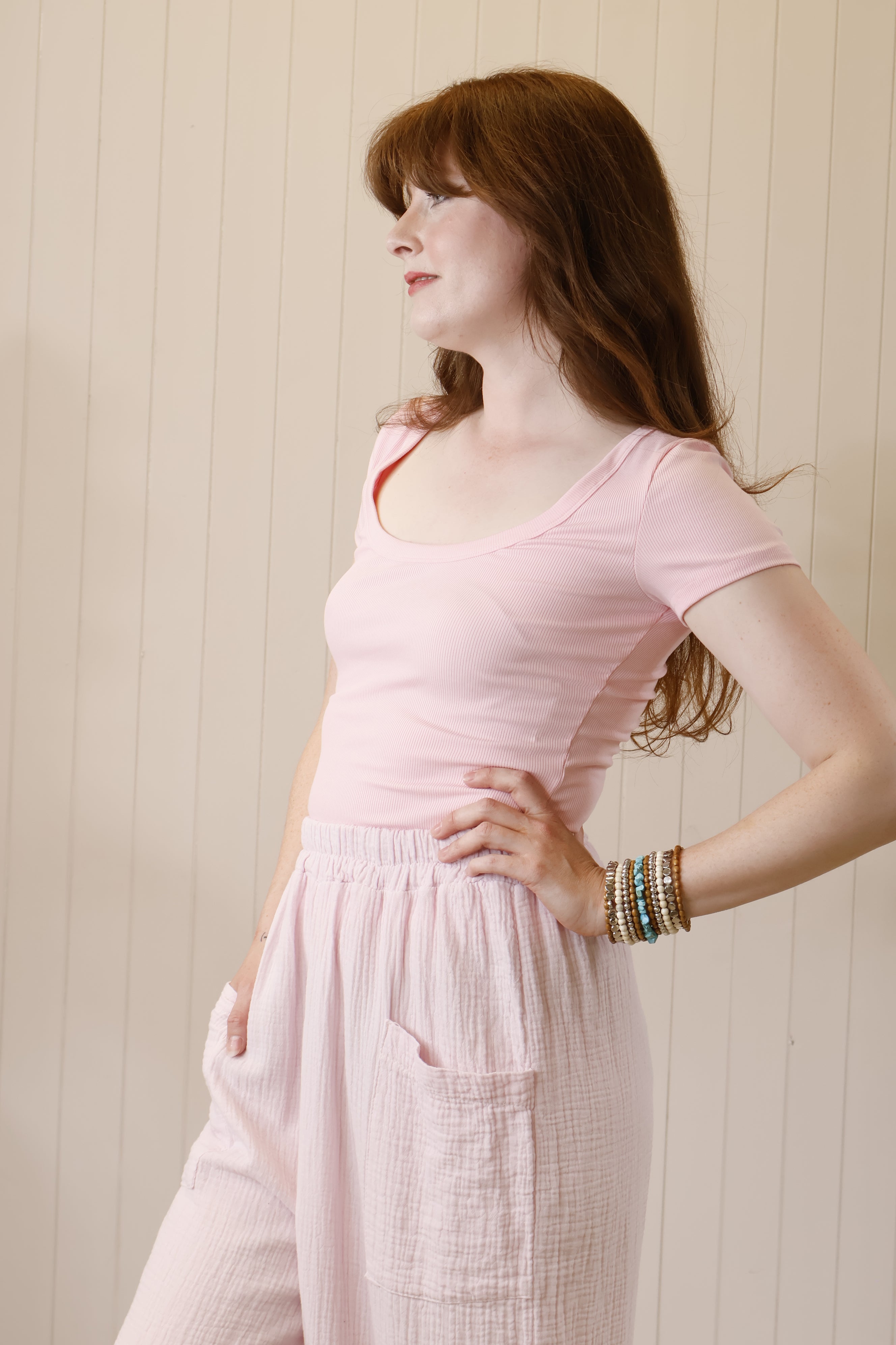 Sara Basic Ribbed Top for Women - Soft Stretch Pink Knit Shirt, Casual Crew Neck Tee for Everyday Wear | Perfect for Layering, Office, and Weekend Outfits