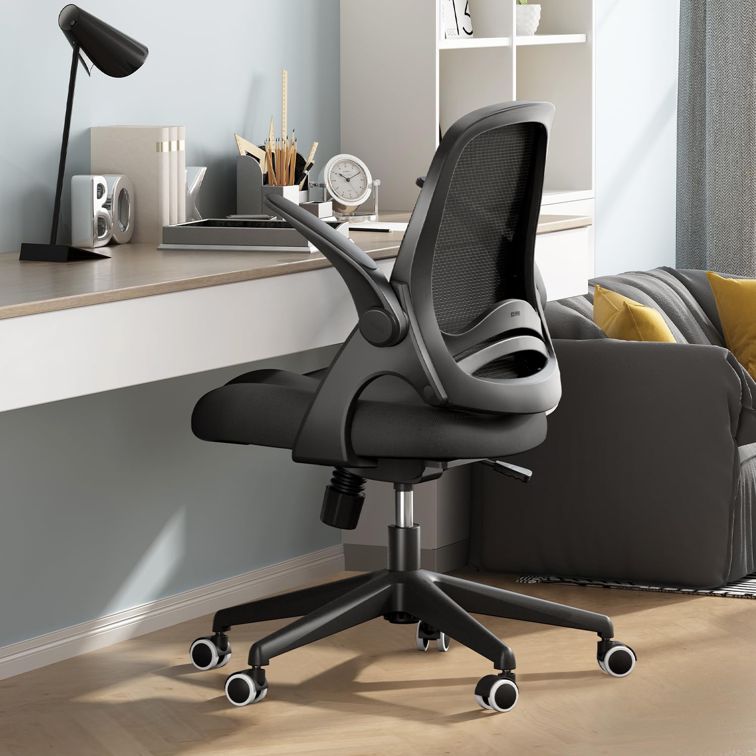 Hbada Ergonomic Office Chair with Flip-Up Armrests & Saddle Cushion - Adjustable Swivel Mesh Computer Desk Chair with S-Shaped Backrest, Black - Perfect for Home Office, Gaming & Workspace Comfort
