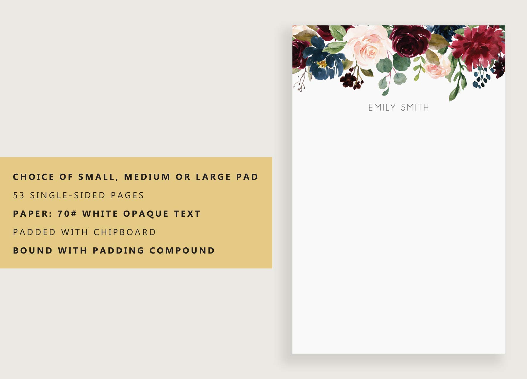 Custom Name Notepads - Blue Floral Design Stationery Paper, Lined or Unlined, 3 Sizes (Small, Medium, Large) - Perfect for Journals, Office Notes & Gift Giving
