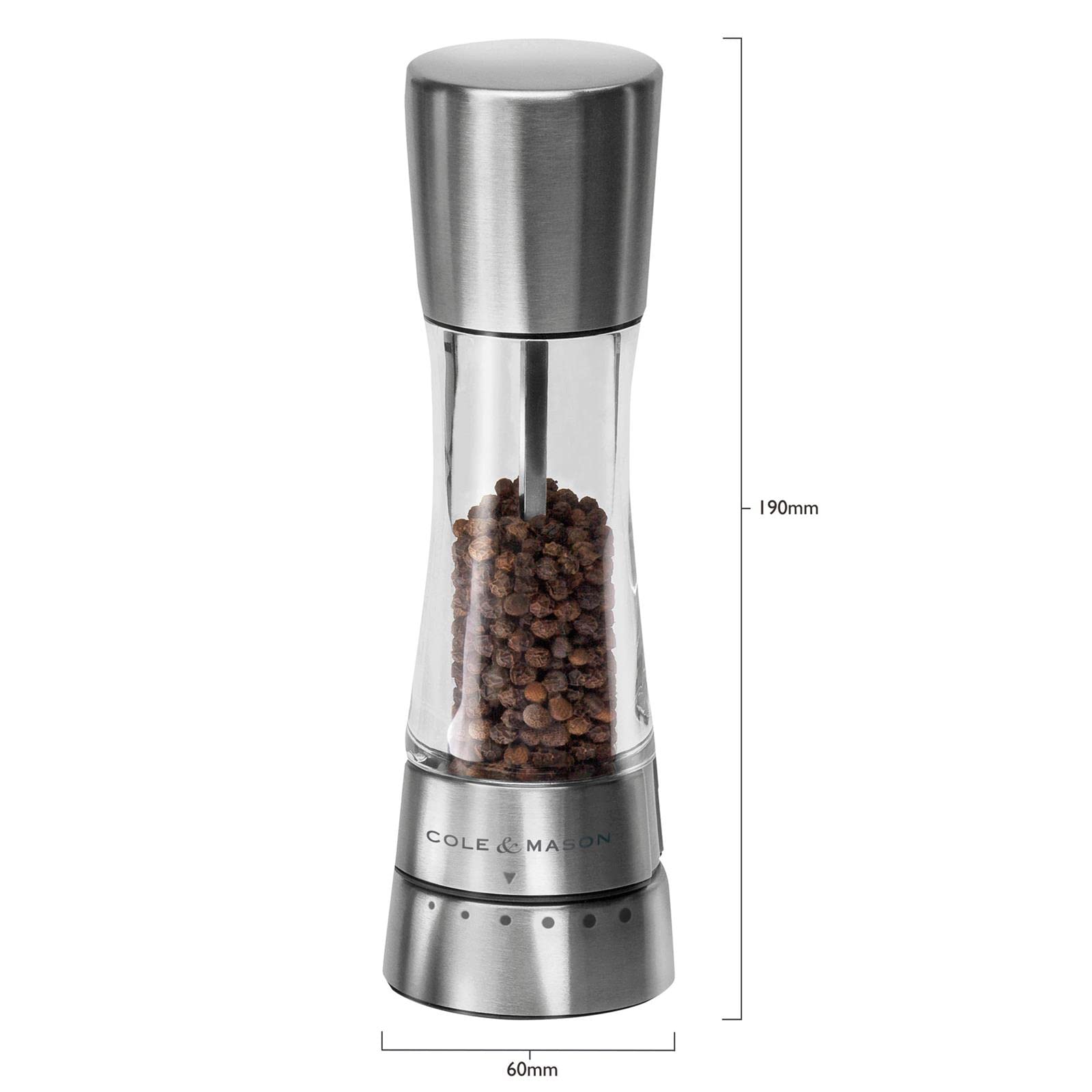 Cole & Mason Derwent Precision+ Pepper Mill - Stainless Steel & Acrylic Pepper Grinder (190mm) with Gourmet Grinding Mechanism - Perfect for Kitchen, Dining Table & Gourmet Cooking