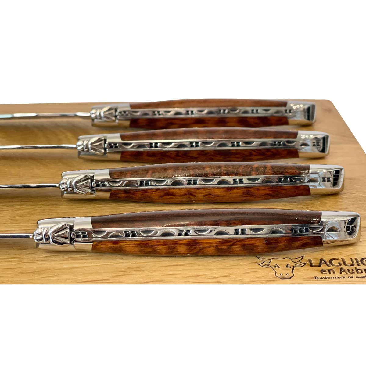 Laguiole en Aubrac Luxury Forged Full Tang Stainless Steel Steak Knives Set - 4-Piece with Amourette Snakewood Handle & Shiny Bolsters - Perfect for Fine Dining, Steakhouse Experience & Gourmet Gifts