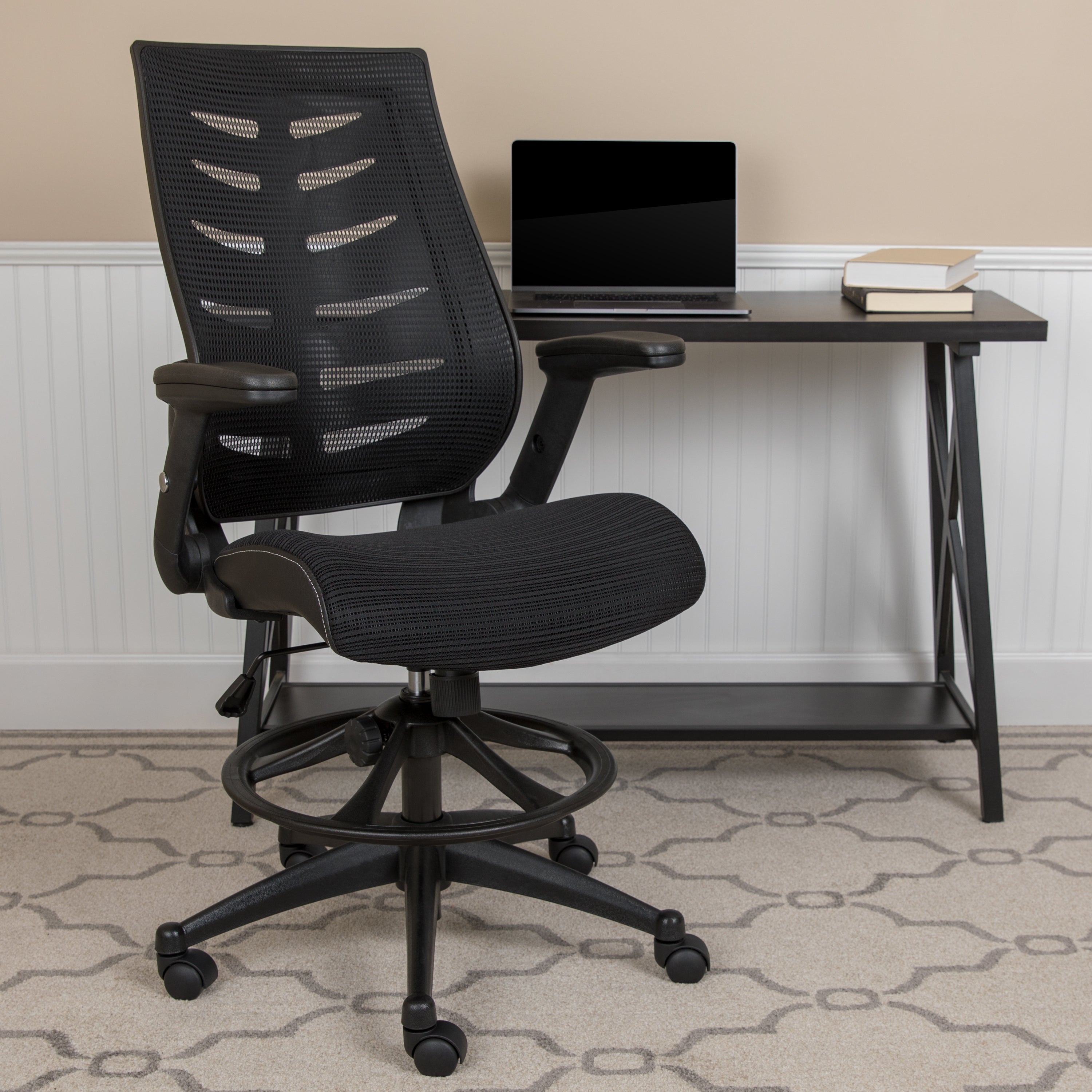 FLASH Kale High Back Ergonomic Drafting Chair - Adjustable Mesh Spine Support, Foot Ring & Flip-Up Arms - Perfect for Office, Gaming & Home Workspaces