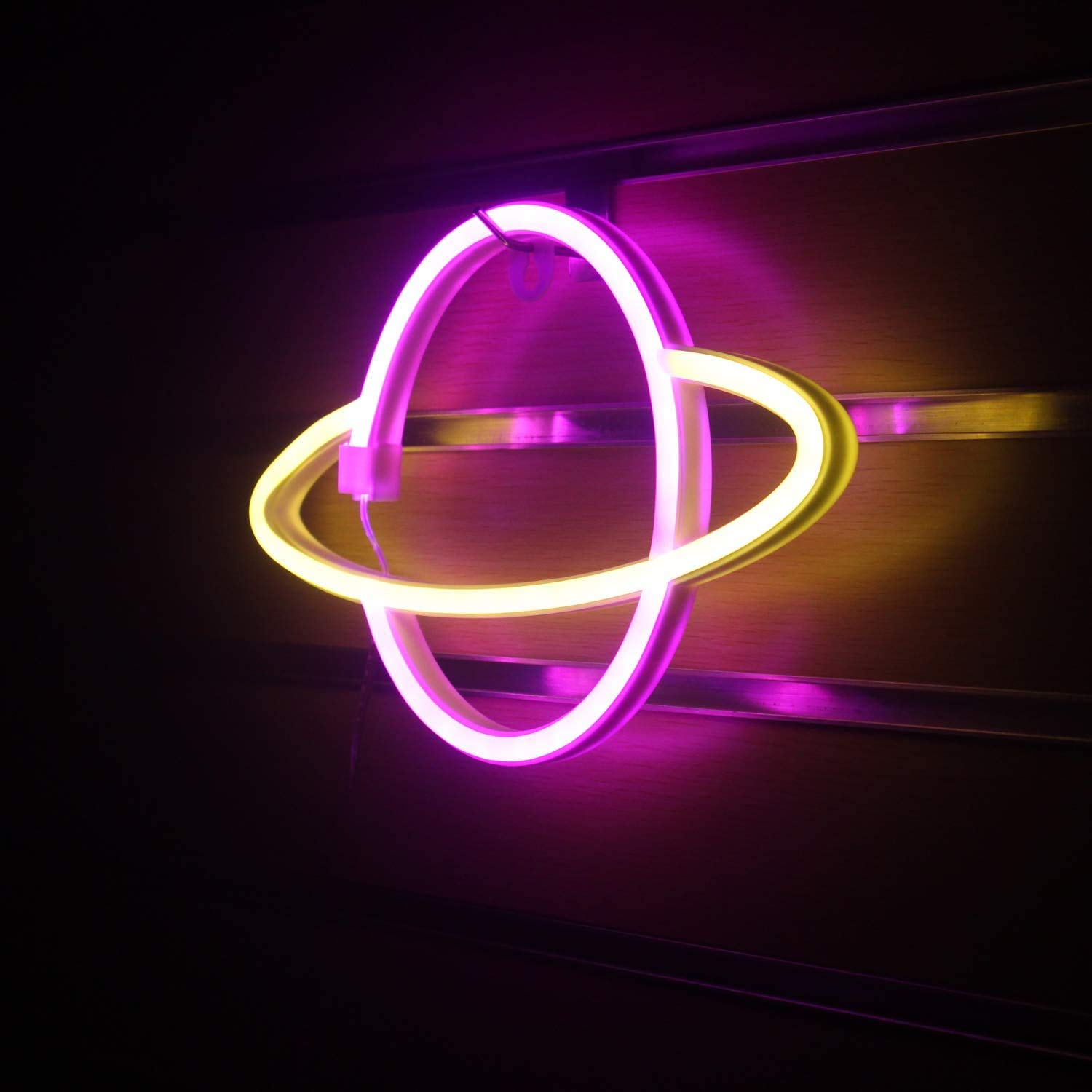 WONFAST LED Neon Sign - Planet Rocket Acrylic Night Light with Battery/USB Power, Wall Decor for Kids Room, Christmas, Birthday & Wedding Party (Pink/Yellow) - Perfect for Bedroom, Nursery, Game Room & Home Decor