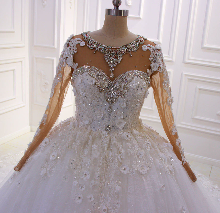 Elegant AM340 Long Sleeve Rhinestone Crystal Wedding Dress with 3D Floral Embroidery - Perfect for Bridal, Formal Events & Evening Galas