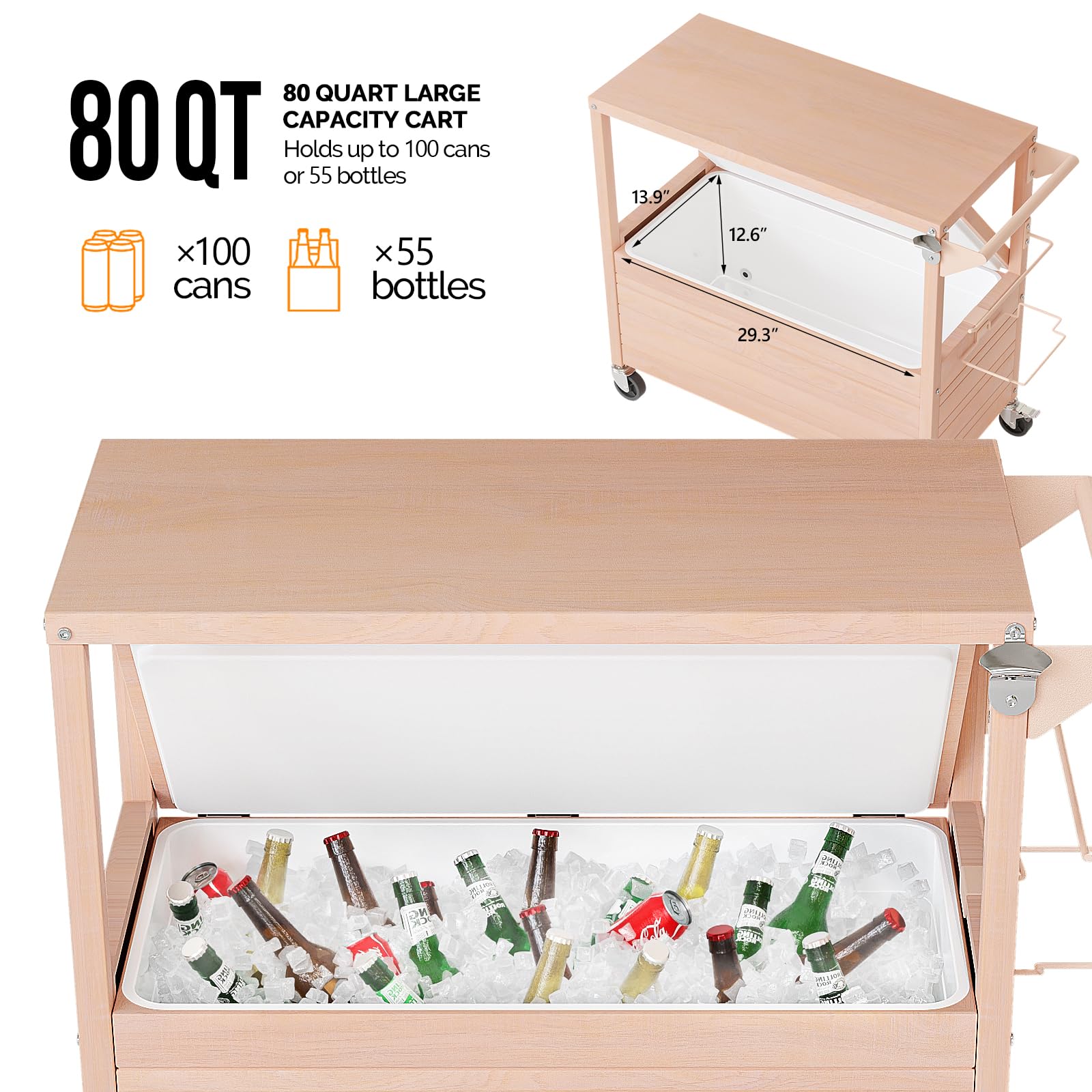 VINGLI 80 Quart Rolling Ice Chest Cooler with Wheels - Portable Cooler Table for Outdoor, Camping, Tailgating & Pool Parties - Includes Built-in Table, Beverage Storage & Bottle Opener - Perfect for BBQs, Beach Trips & Backyard Gatherings