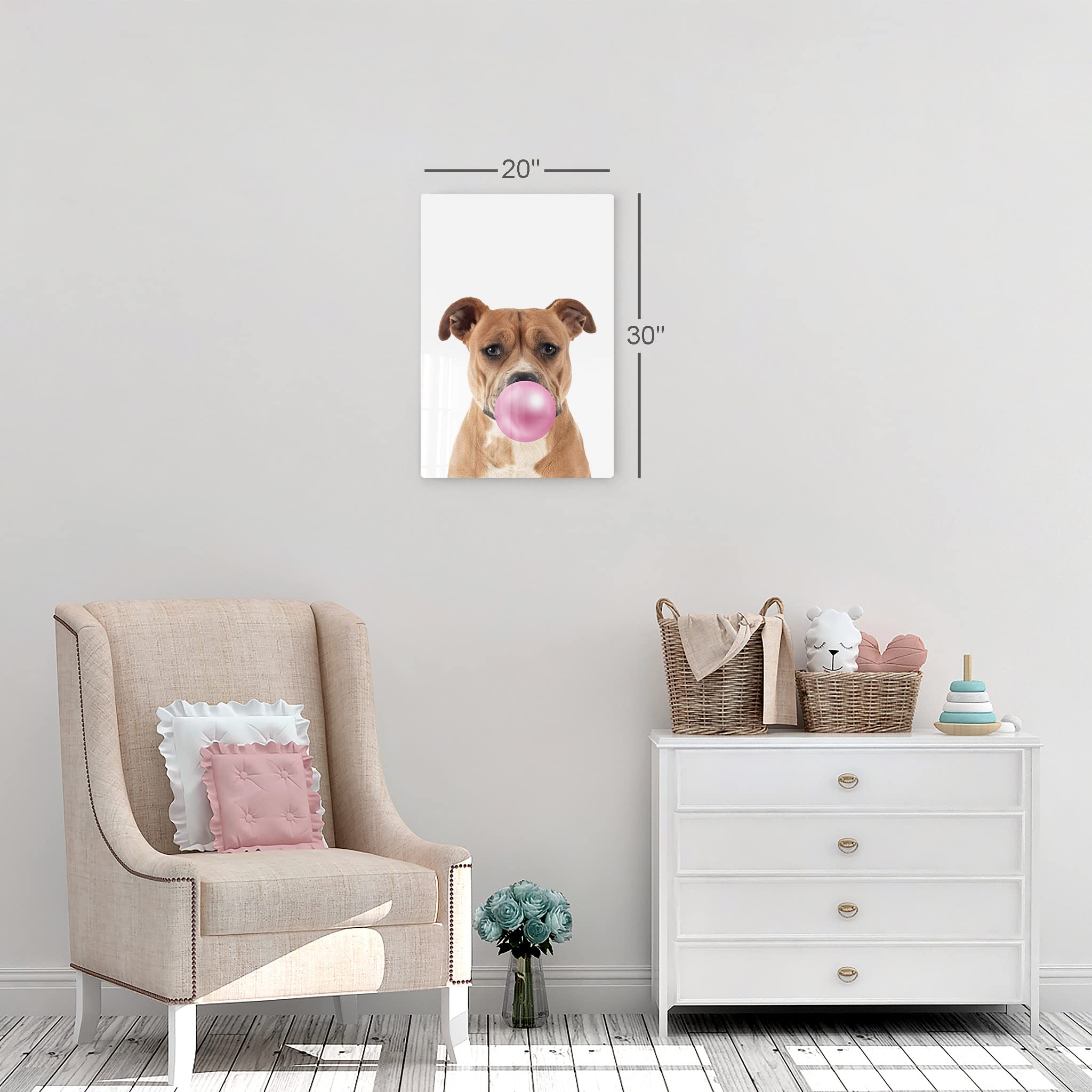 Staffordshire Bull Terrier Chewing Pink Bubble Gum Metal Wall Art Print - 36x24 - Pet Lover Gift, Dog Pop Art Decor for Office, Living Room, Bedroom, Nursery & Kids Room - Unique Animal Themed Home Decor for Dog Owners & Animal Enthusiasts