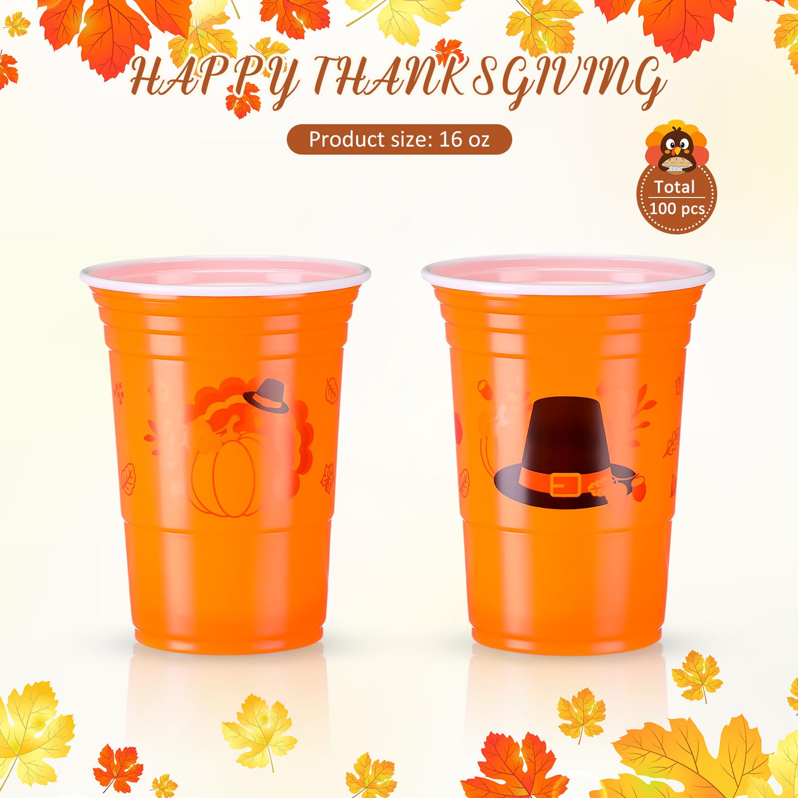 100-Pack 16oz Thanksgiving Plastic Cups - Bulk Disposable Orange Pumpkin Cups for Juice, Coffee & Fall Beverages | Perfect for Thanksgiving Dinner, Autumn Harvest Parties & Holiday Decorations