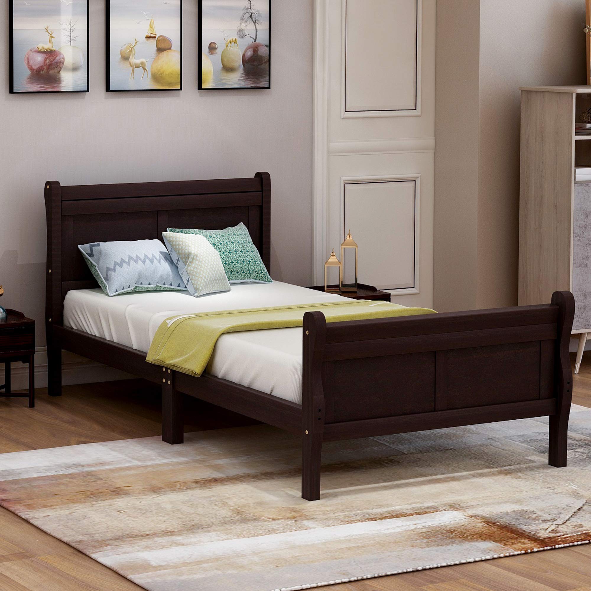 OCTM Modern Wood Platform Bed Frame - Heavy Duty Twin Size with Headboard & Footboard, Sturdy Wood Slat Mattress Foundation, Easy Assembly (Espresso) - Perfect for Small Bedrooms, Guest Rooms & Dormitories