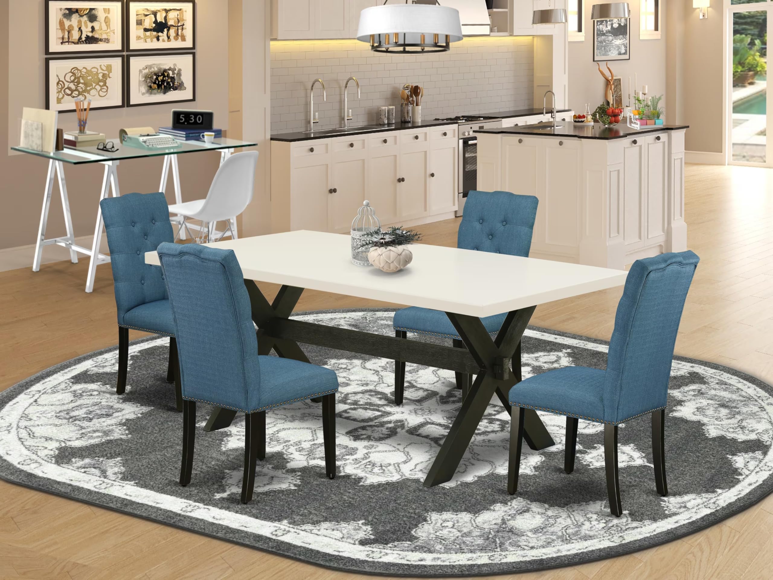 East West Furniture 5-Piece Dining Table Set for 4 - 40x72 Inch Rectangle Kitchen Table with X-Legs & 4 Blue Linen Fabric Chairs - Modern Dining Room Furniture for Small Spaces, Kitchen, Breakfast Nook & Apartment Dining Area