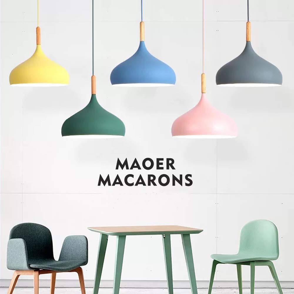 3-Pack Wooden Handle Pendant Light with 15ft Plug-in Cord & UL On/Off Dimmer Switch - Macaron Green Lampshade, Nordic Minimalist Loft Style Lighting Fixtures for Living Room, Bedroom, Kitchen & Dining Area