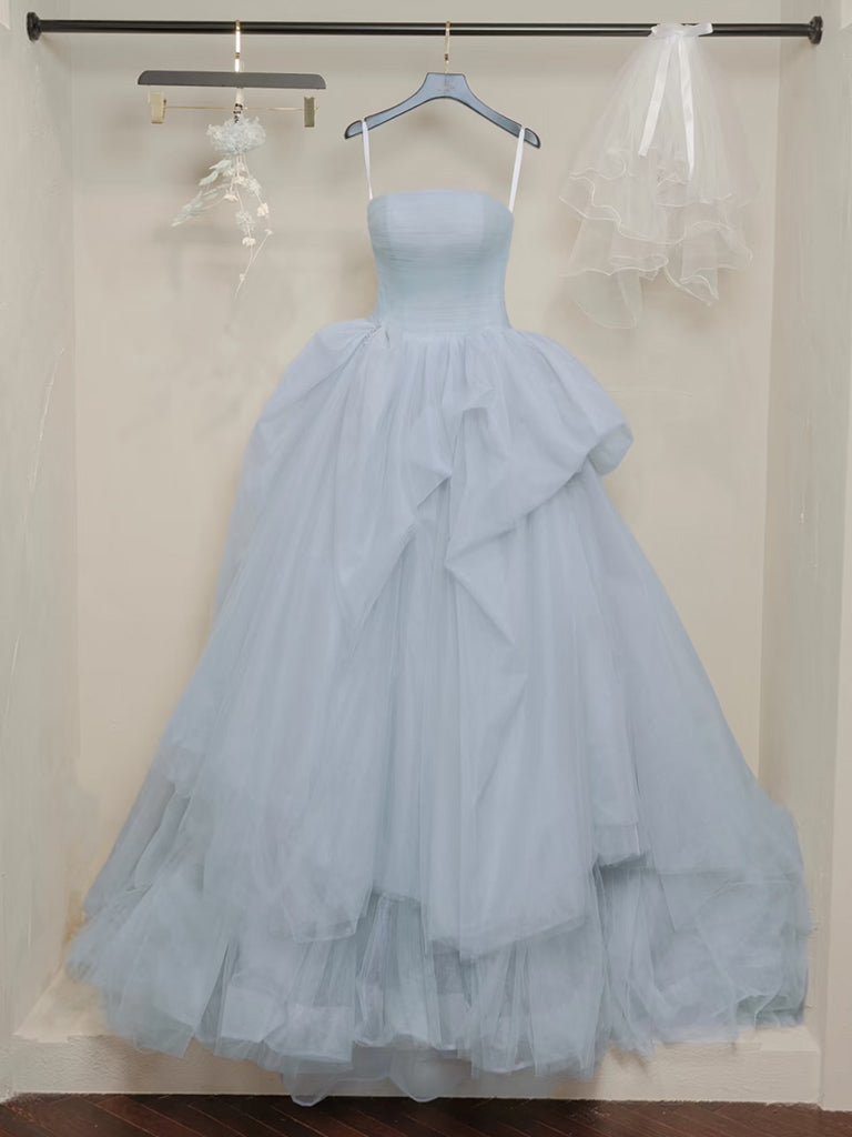 Elegant A-Line Tulle Gray Blue Long Prom Dress & Evening Gown for Formal Events, Homecoming, and Special Occasions