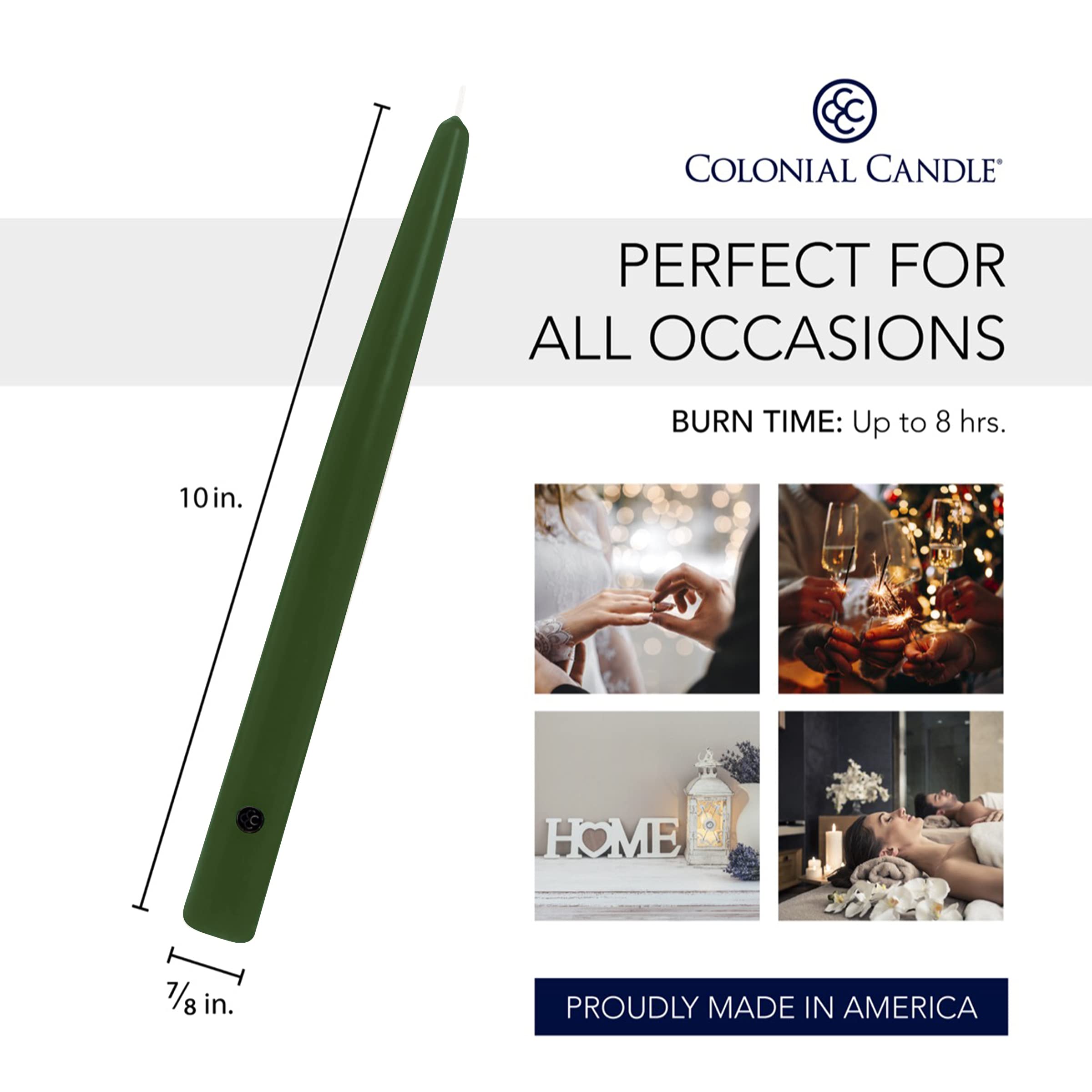 Colonial Candle Unscented Taper Candles - Handipt Collection Evergreen 10 Inch (Pack of 12) - 8 Hour Burn Time - Perfect for Dining Tables, Weddings & Holiday Decorations