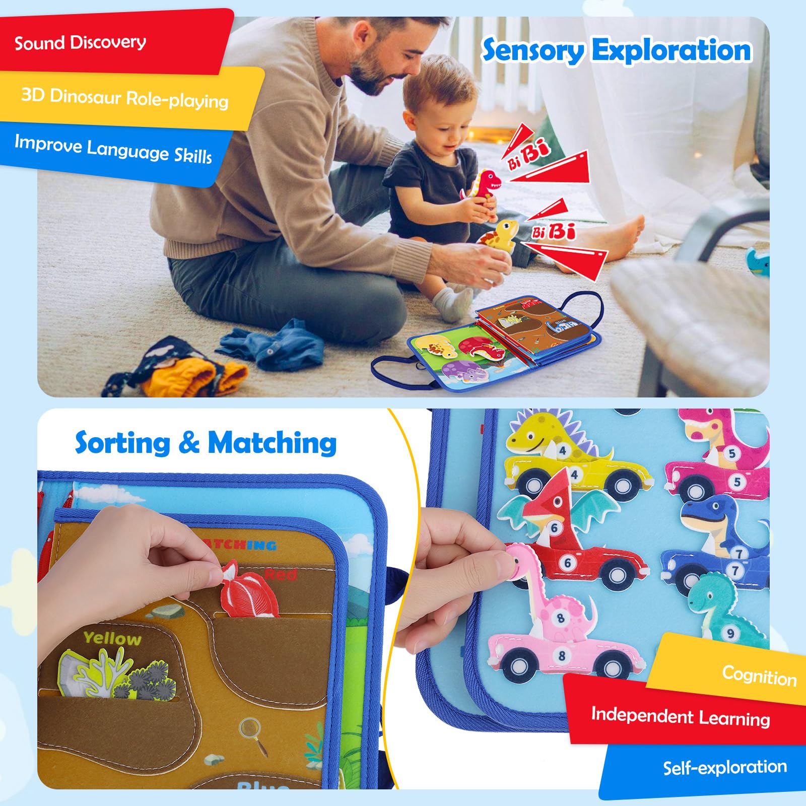 Dinosaur Busy Board - Montessori Sensory Toys for 3 4 5 Year Old Kids, Learning Activity Board for Toddlers with Autism, Fine Motor Skills Development Toy | Perfect Travel Toy for Airplane, Car & Road Trips