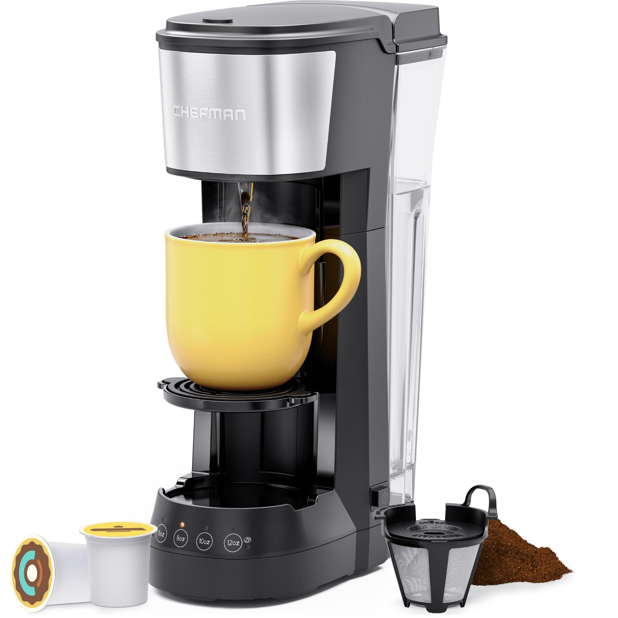 CHEFMAN Single Serve Coffee Maker - K Cup Compatible Coffee Machine for K-Cup Pods & Ground Coffee | 6-12oz Brew Size, 40oz Water Tank with Cup Lift | Perfect for Home, Office & Dorm Use