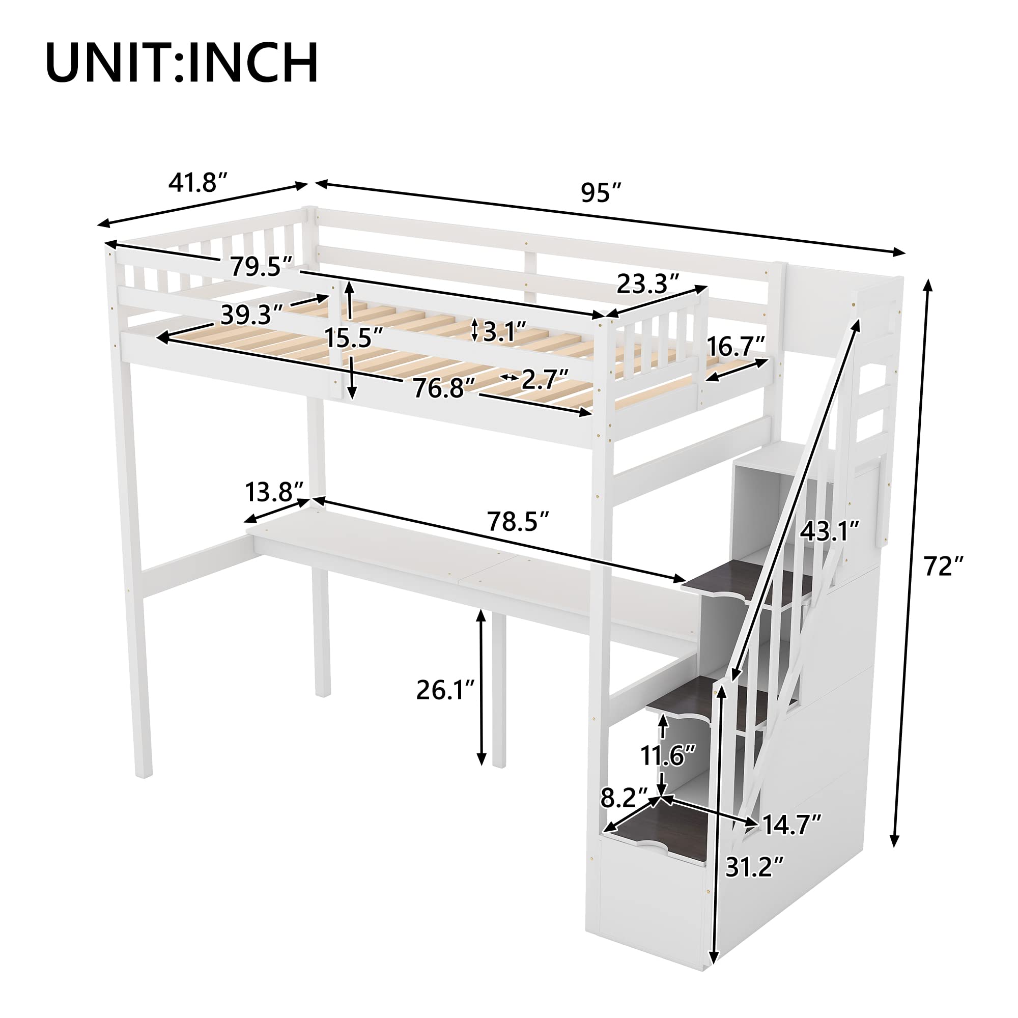 Twin Loft Bed with Desk and Storage - Sturdy Wood Loft Bed Frame with Staircase for Kids, Boys, Girls & Teens - White - Perfect for Small Bedrooms, Dorm Rooms & Kids' Spaces