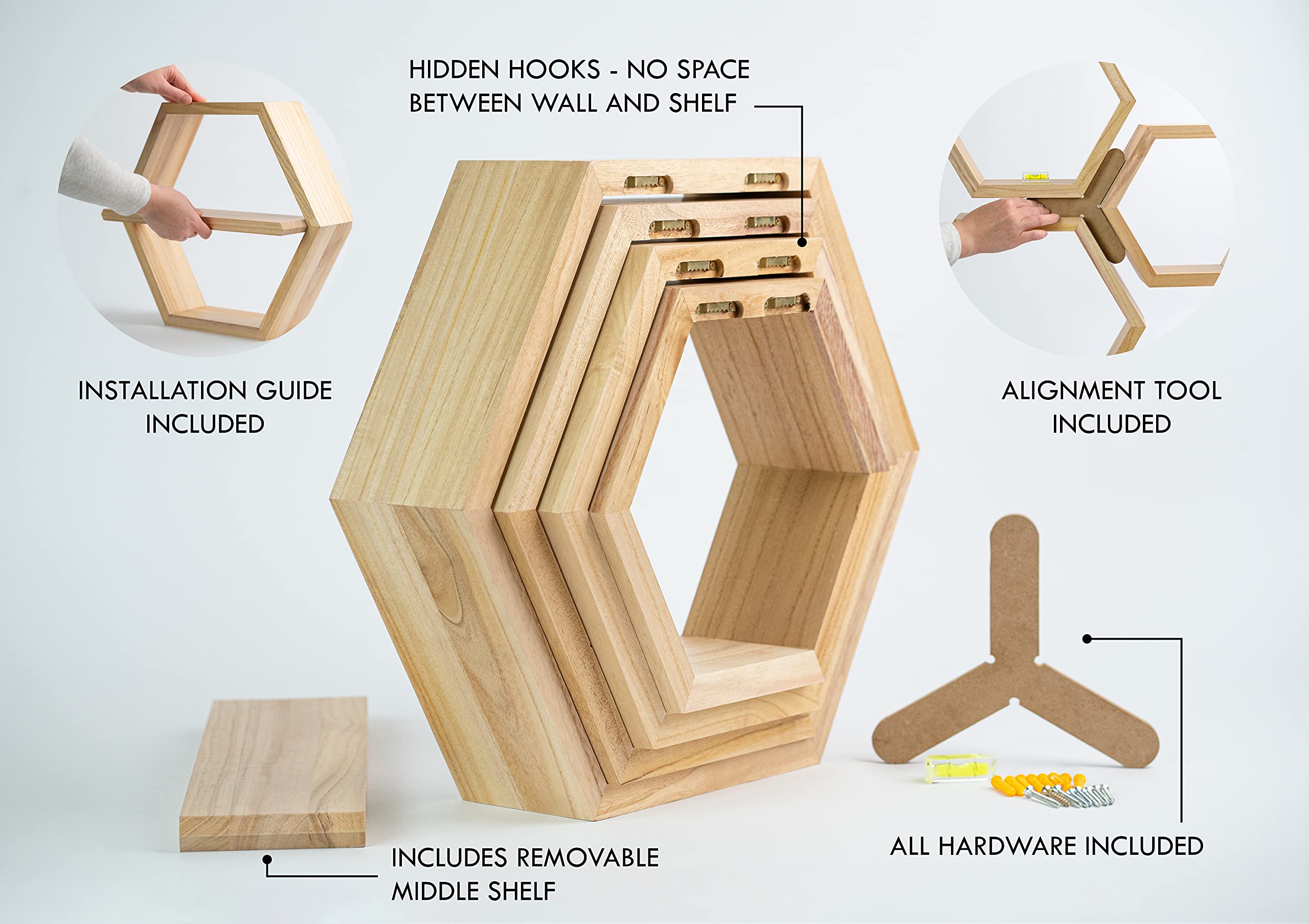 Hexagon Floating Shelves Set of 4 - Natural Wood Honeycomb Wall Shelves for Home Decor - Geometric Hexagonal Shelves for Living Room, Bedroom & Office Organization
