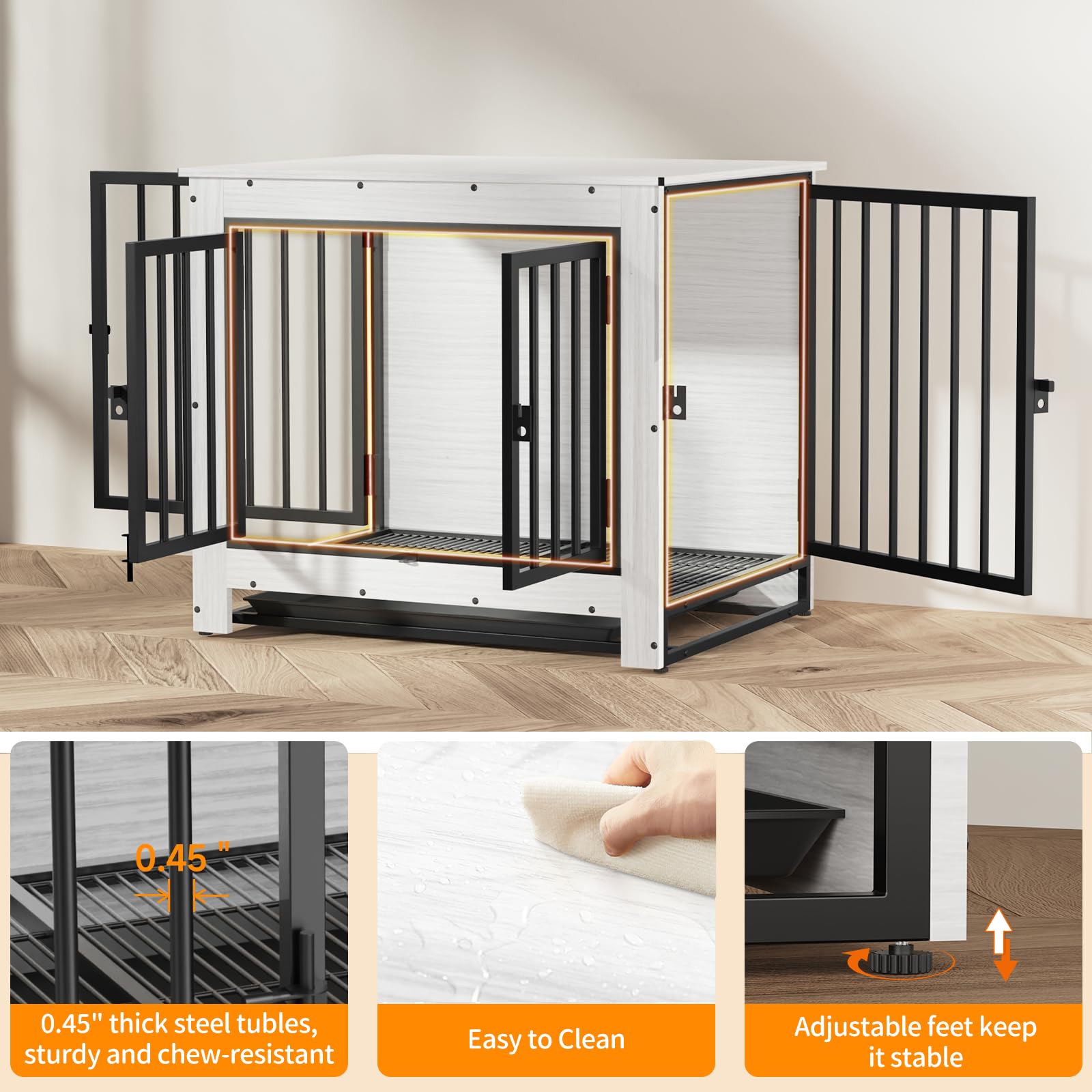 Modern Wooden Dog Crate End Table - Furniture Style Kennel for Small & Medium Dogs | Indoor Pet Cage with Removable Tray & Double Doors | White | Perfect for Living Room, Bedroom & Home Decor