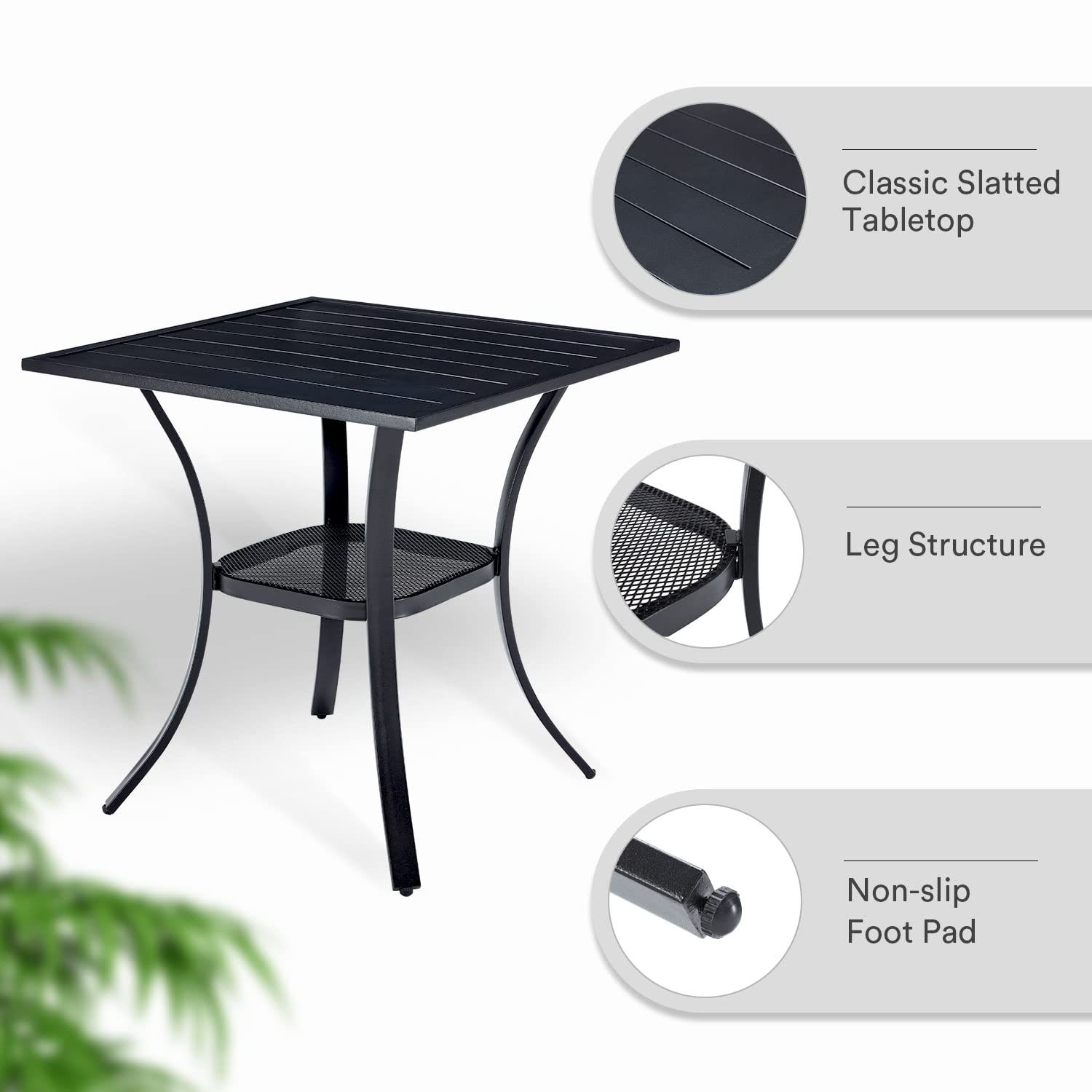 VICLLAX 28x28 Inch Small Patio Dining Table - Black Metal Slatted Tabletop with Storage Shelf for Outdoor Deck, Lawn, Garden & Backyard - Perfect for BBQs, Picnics & Outdoor Entertaining