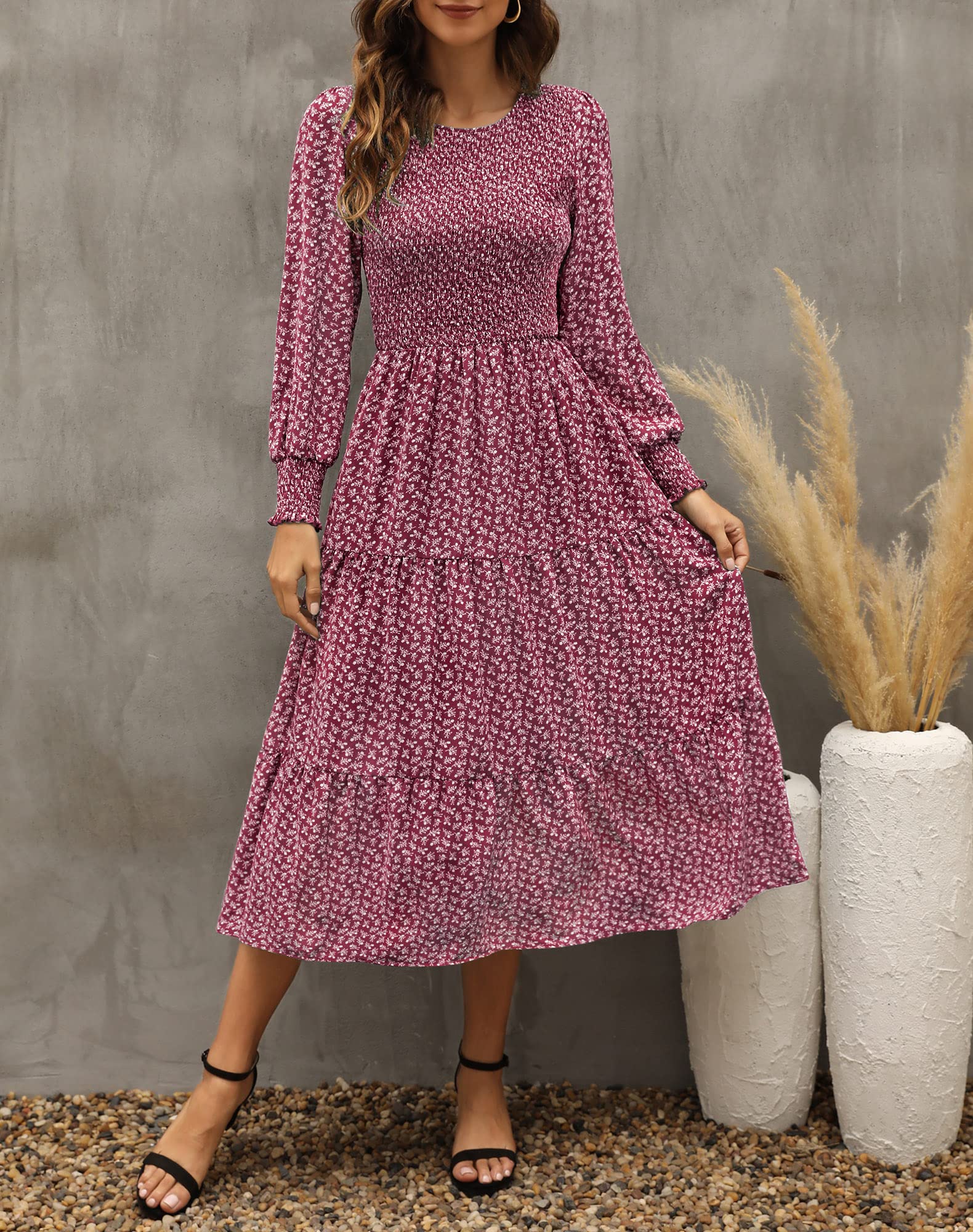 Zattcas Women's Fall Dresses 2025 - Casual Long Sleeve Smocked Boho Floral Tiered Midi Dress with Pockets for Wedding Guest, Party, Date Night & Autumn Outfits