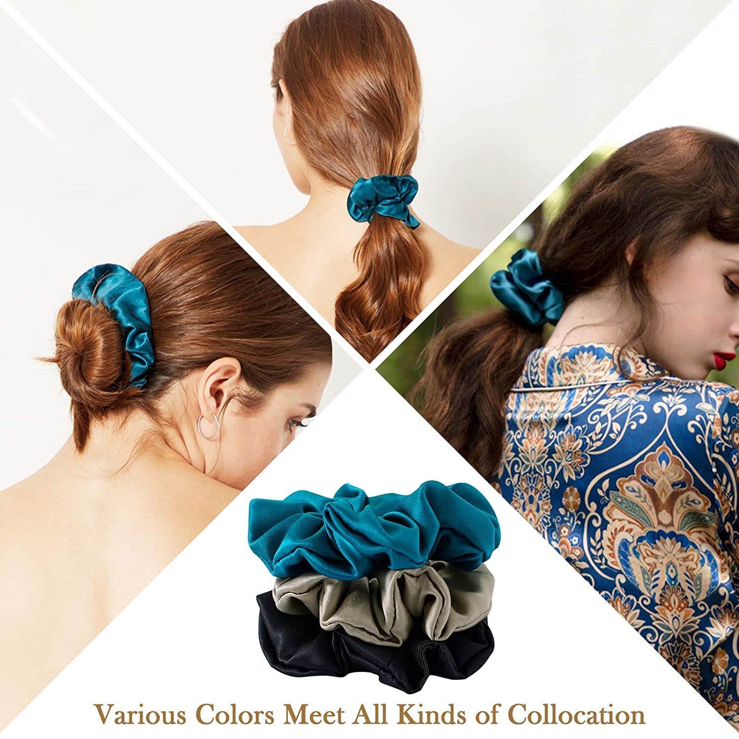 AP SALES 100% Mulberry Silk Scrunchies for Women & Girls – 19 Momme Natural Silk Hair Ties | Soft, No-Pull Elastic Hair Bands (Peacock Blue, Apricot Black) – Perfect for Daily Wear, Workouts & Protecting Hair While Sleeping