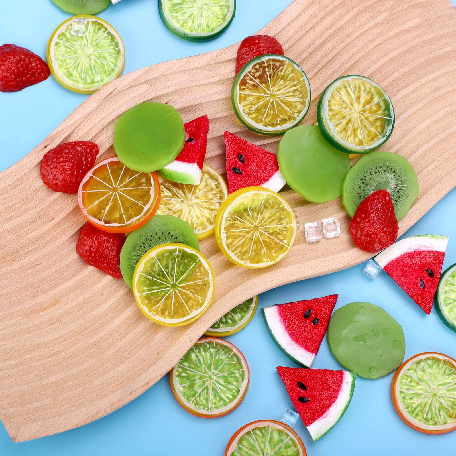 48Pcs Fake Fruit Plastic Fruit Set - Mixed Artificial Fruit Slices (Lemons, Kiwi, Strawberry, Watermelon) & Ice Cubes for Home Decor, Kitchen Display, Party & Wedding Decoration - Realistic Fake Fruit for Table Centerpieces, Dessert Displays & Photography Props