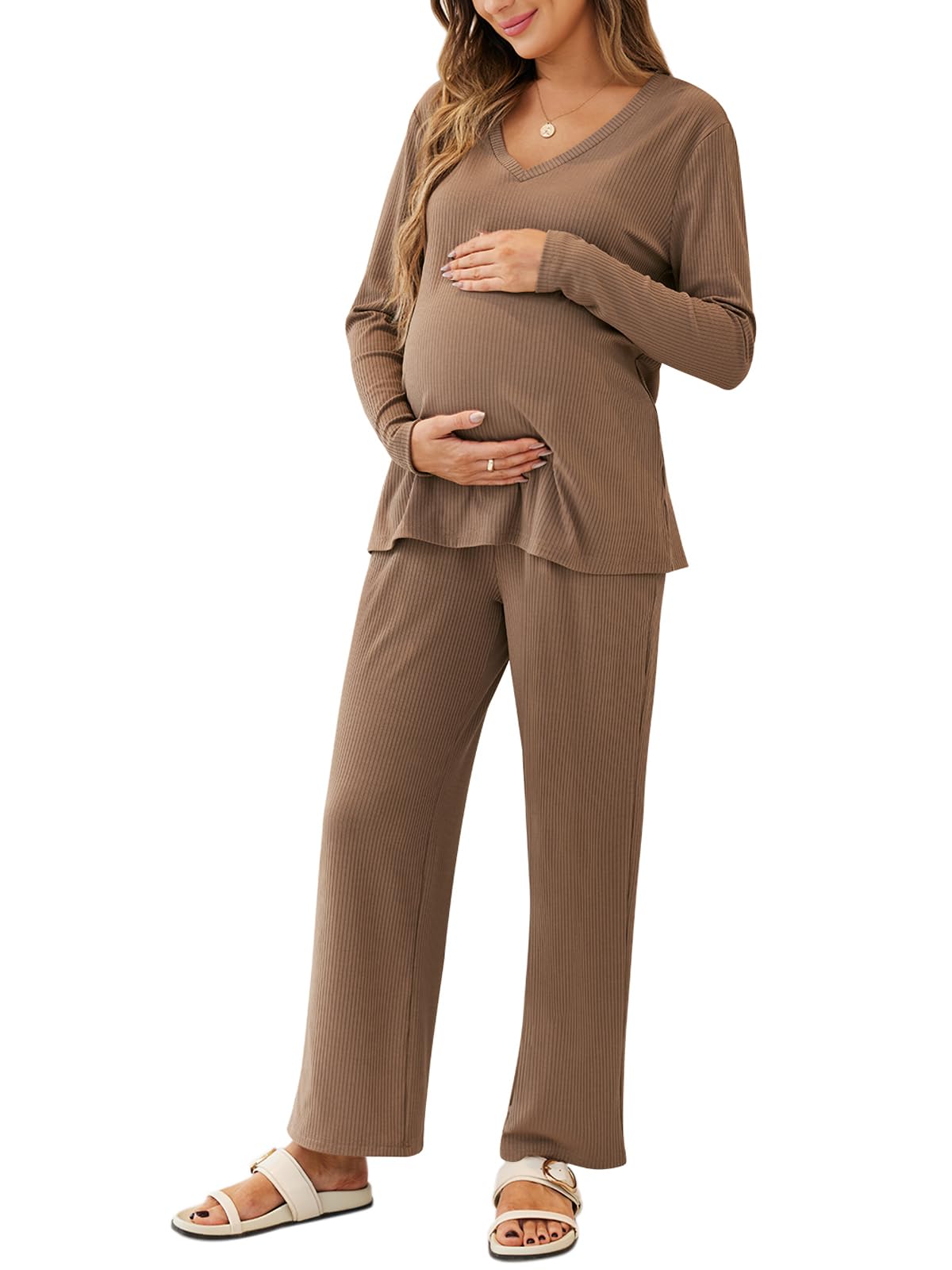 Comfortable Maternity Pajama Set for Women - 2 Piece Ribbed Nursing Pajamas with Long Sleeve V-Neck Top & Pants - Soft Pregnancy Loungewear for Sleeping, Nursing & Relaxing at Home