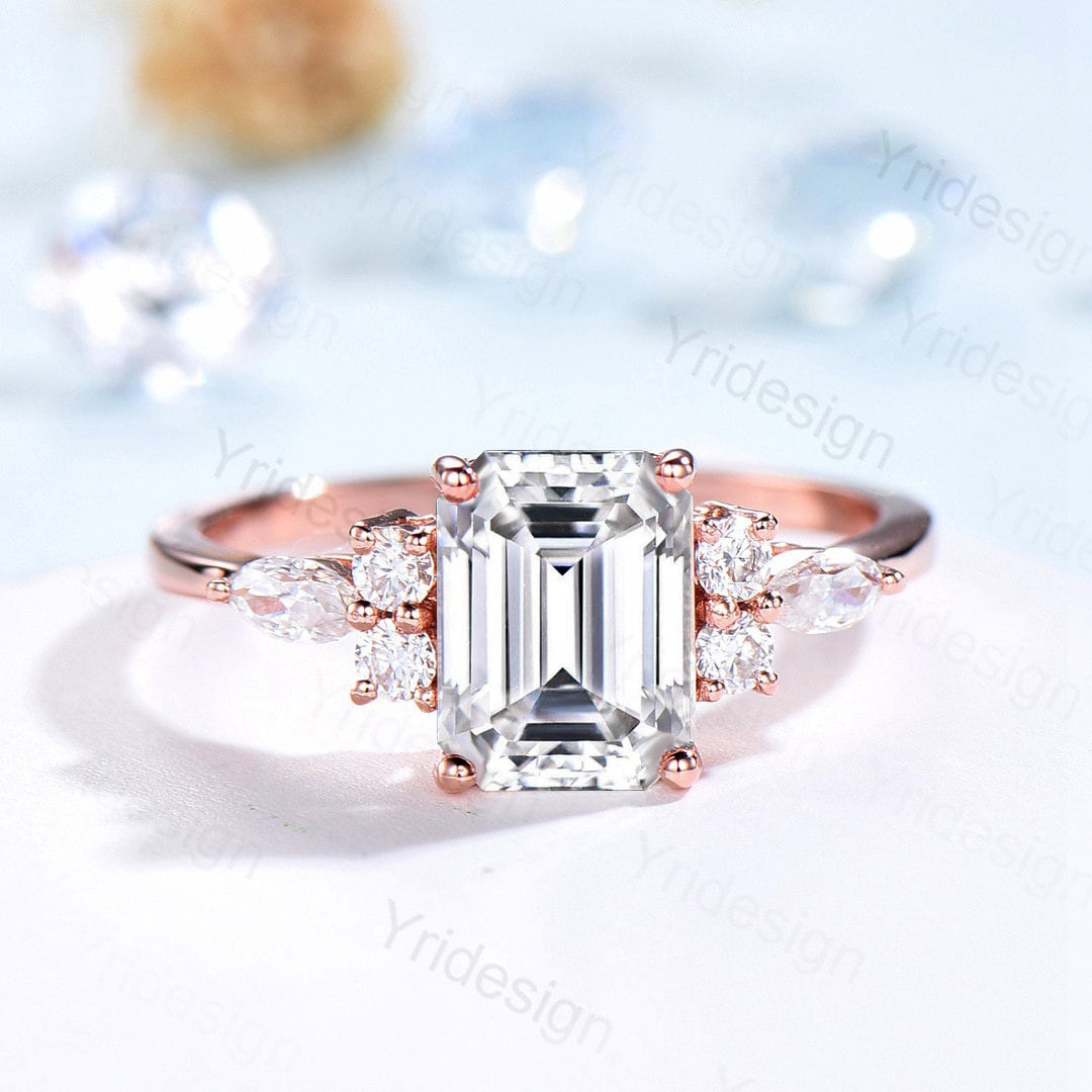 Emerald Cut Moissanite Engagement Ring & Wedding Band Set in Rose Gold - Marquise Diamond Cluster Bridal Ring for Women, Wife - Perfect for Proposals, Anniversaries, and Special Occasions