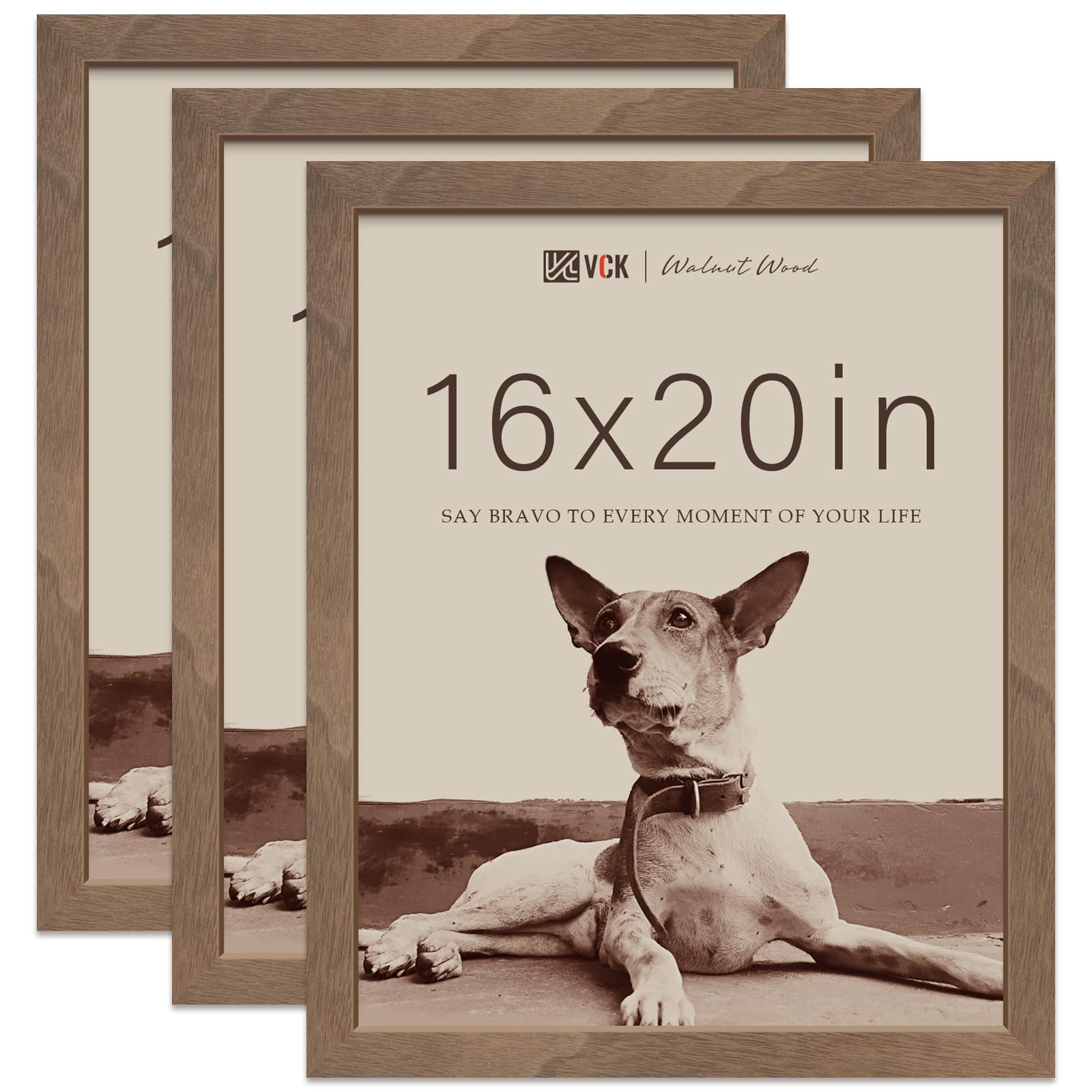 VCK 16x20 Picture Frames for Wall - Brown Walnut 3 Pack, Natural Textured Solid Wood Poster Frame with UV Protection - Perfect for Home Decor, Office, Gallery & Wedding Photos Display