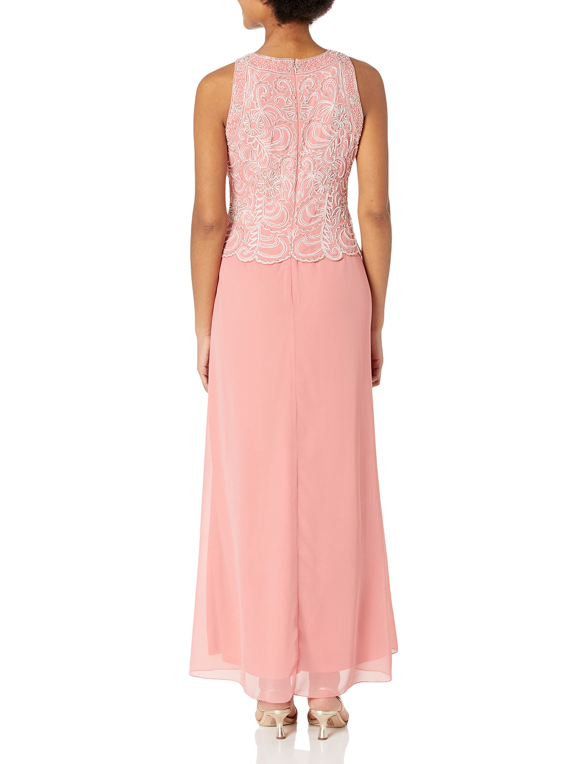 J Kara Women's Elegant Sleeveless Scallop Neckline Beaded Maxi Dress with Detachable Scarf - Perfect for Evening Parties, Weddings & Special Occasions