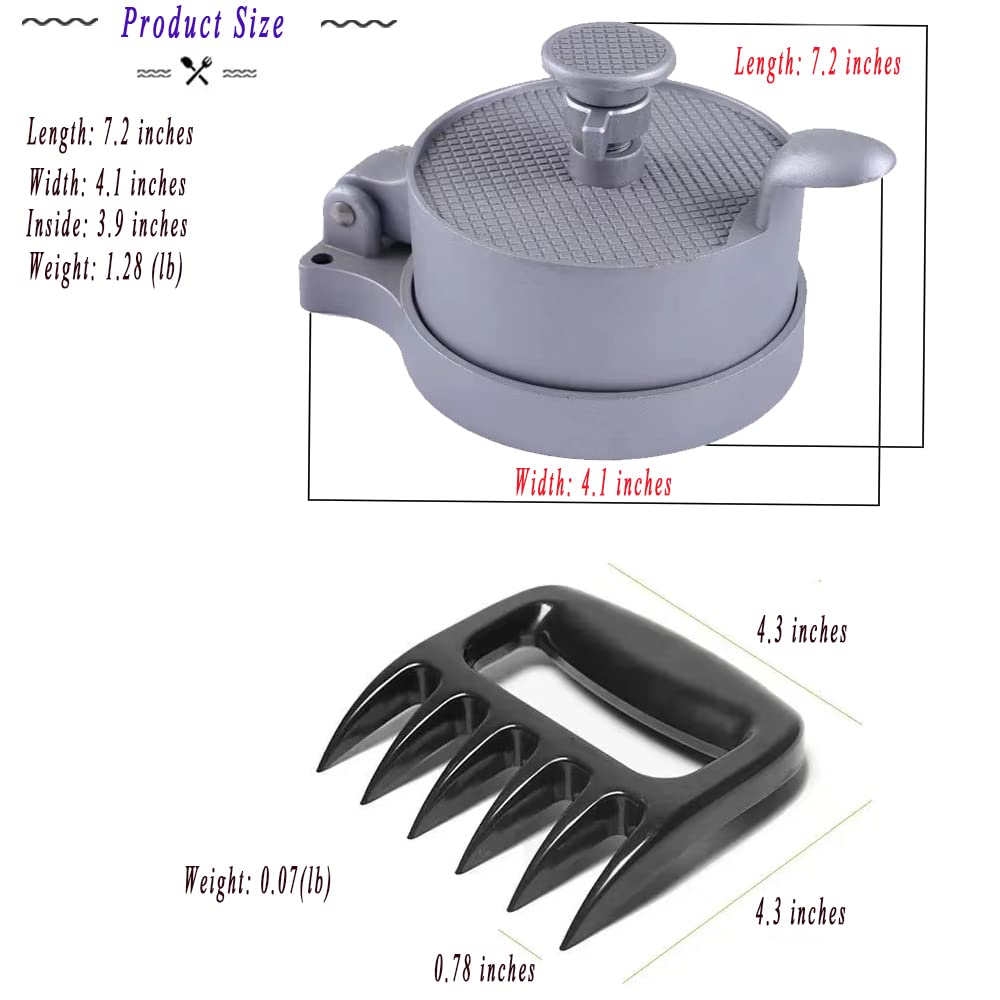 Adjustable Non-Stick Hamburger Patty Maker Press - Makes 1/4lb to 3/4lb Burgers with 2 Bear Claw Meat Shredders - Perfect for BBQ, Grilling, and Home Cooking