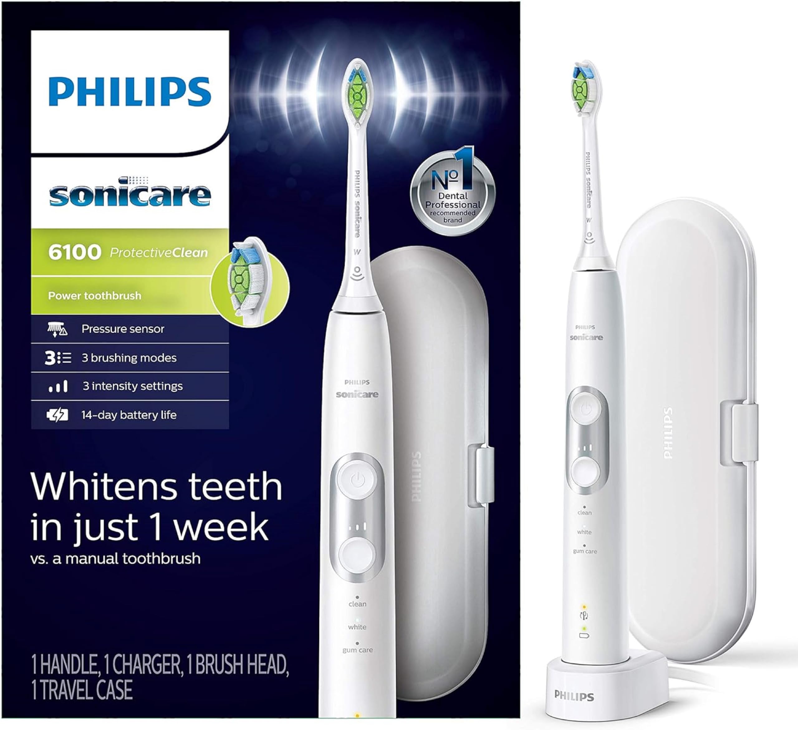 Philips Sonicare HX8911/02 HealthyWhite+ Rechargeable Electric Toothbrush with 3 Modes - Whitening, Clean & Gum Care - for Brighter Smile & Healthier Gums (White) - Perfect for Home & Travel Use