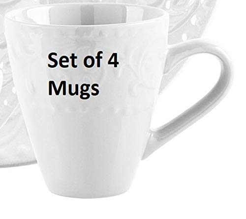 Premium Set of 4 White Embossed Scroll Design Coffee Mugs - Elegant Round Ceramic Cups for Home, Office, or Gift - Perfect for Tea, Coffee, Hot Chocolate & More