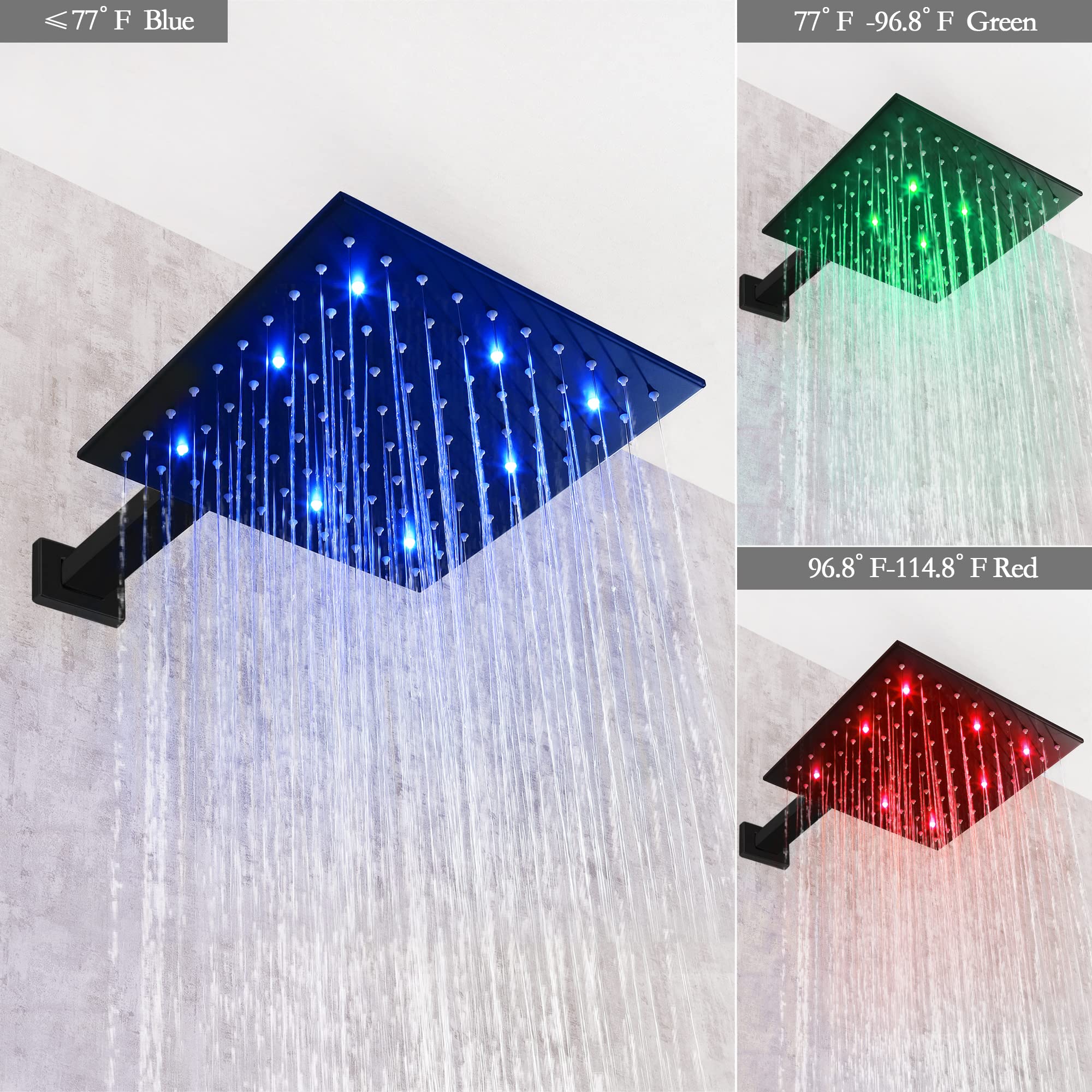 SKOWLL Matte Black Rainfall Shower Head Set - 12 Inch LED Shower System with 2-Function Valve Kit, Wall Mount Overhead Shower Faucet for Bathroom & Spa Experience | Modern Black Shower Head and Handle Combo