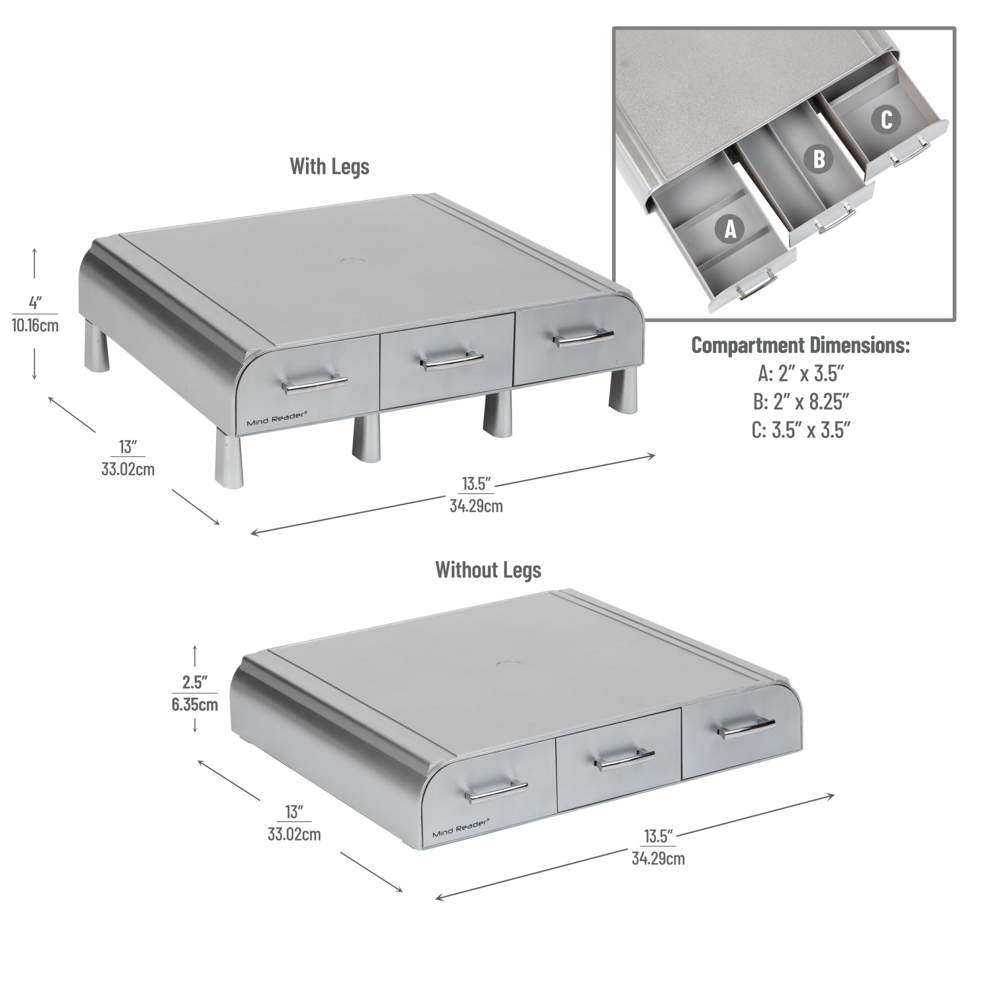 Mind Reader Silver Monitor Stand & Desk Organizer for PC, Laptop, iMac - Perfect for Home Office & Workspace Organization