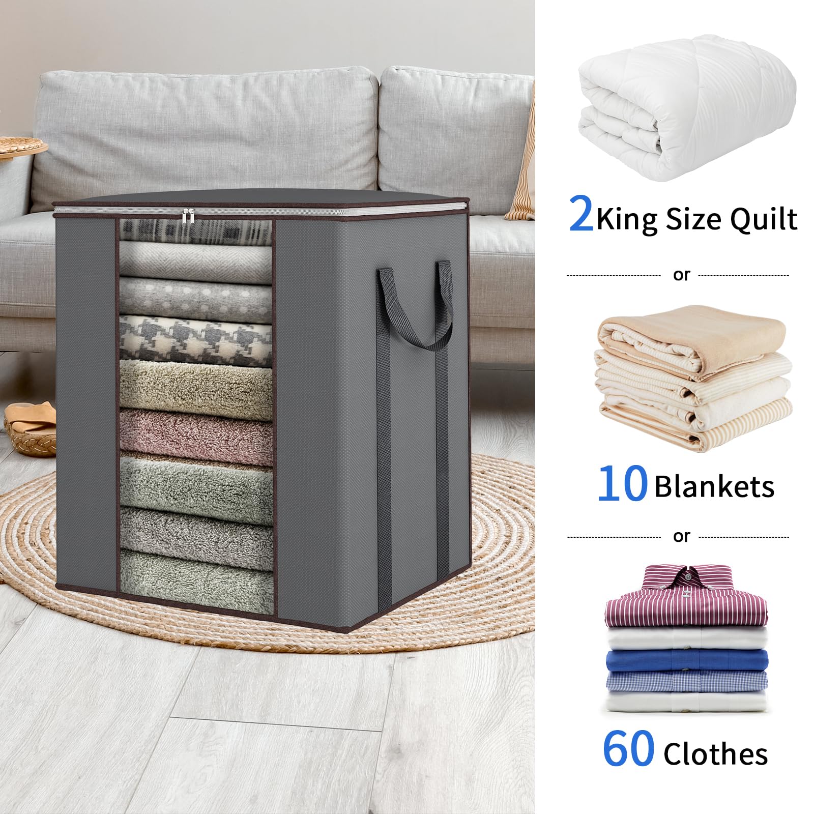Fixwal Extra Large 120L Blanket Storage Bags with Reinforced Handles - Breathable Comforter Storage Containers for King Size Bedding, Pillows & Sheets (Grey) - Perfect for Seasonal Clothes, Blankets & Home Organization