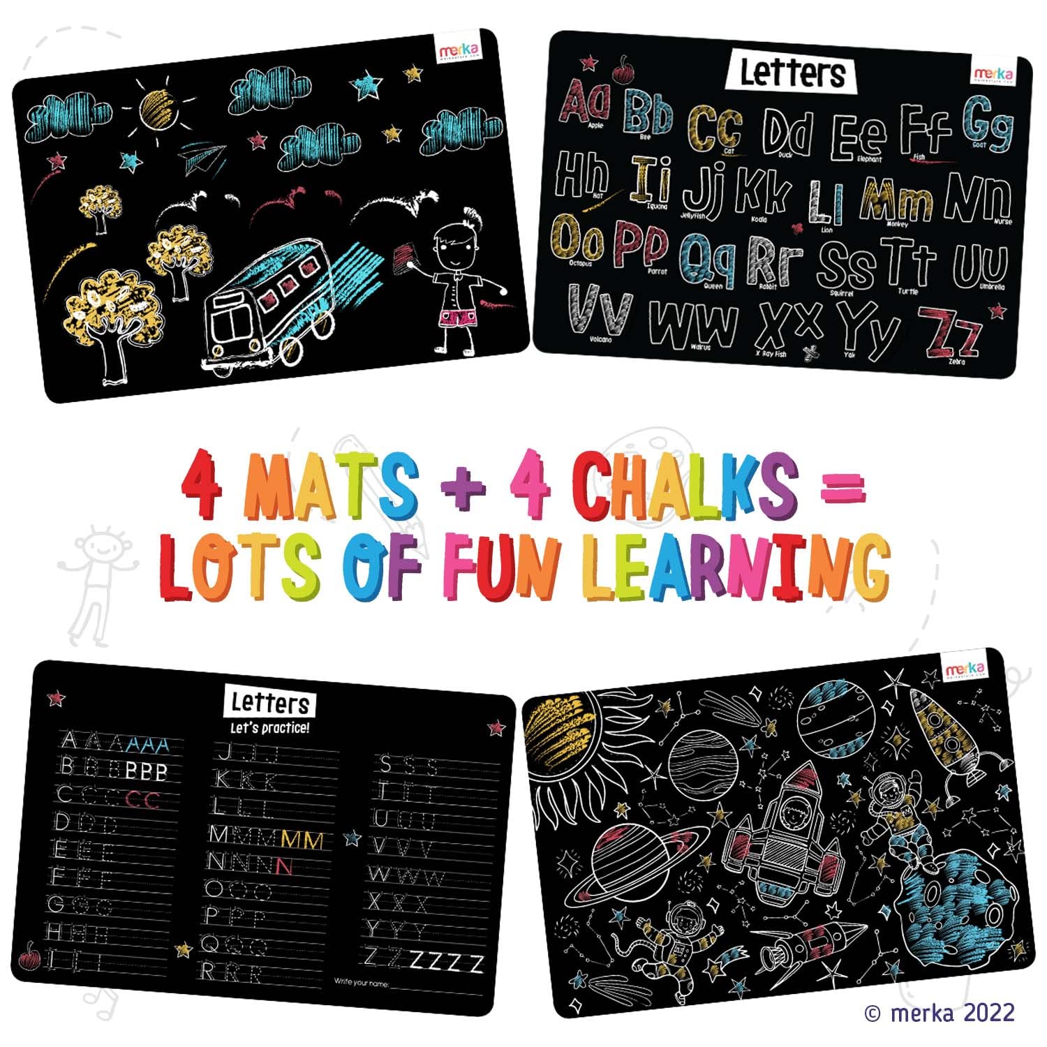 merka Kids Reusable Coloring Placemats Set of 4 - Space Theme with Astronauts, Spaceships & Alphabet - Includes 4 Colored Chalks | Perfect for Dining, Learning & Creative Play