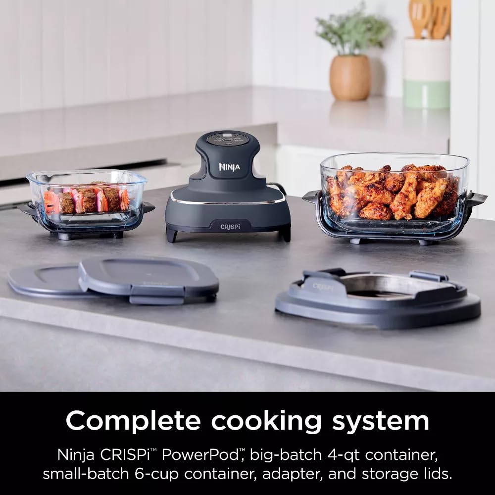 Ninja Crisp FN101GY 4-Qt 1750W Electric Air Fryer & Portable Cooking System - Microwave, Freezer & Dishwasher Safe Glass Containers - Bake, Roast & Reheat - Includes 6-Cup Glass Containers with Lids (Grey) - Perfect for Small Kitchens, Dorms & Quick Healthy Meals