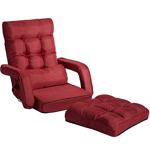 Foldable Lazy Floor Chair Sofa - Adjustable Lounger Bed with Armrests & Removable Pillow, Comfortable for Reading, Gaming, or Relaxing, Red