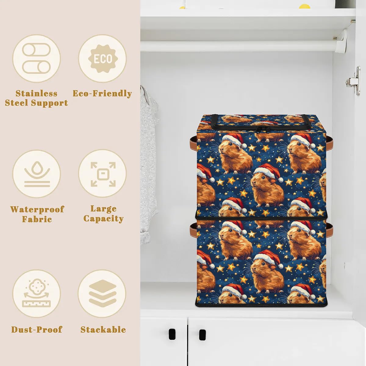 Cute Guinea Pig Storage Bins with Zipper Lid - Collapsible Foldable Stackable Clothes Organizer Containers with PU Leather Handles (23L, 2 Pack) - Perfect for Kids' Room, Closet Organization & Travel Storage