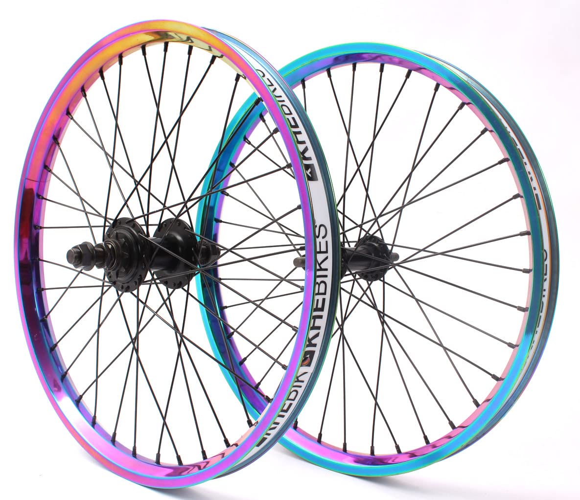 Premium KHE BMX Wheel Set - Oil Slick Aluminium Rim, MVP 36H, 14mm 9T Sprocket with Rim Tape - Perfect for BMX Racing, Street Riding & Freestyle Tricks