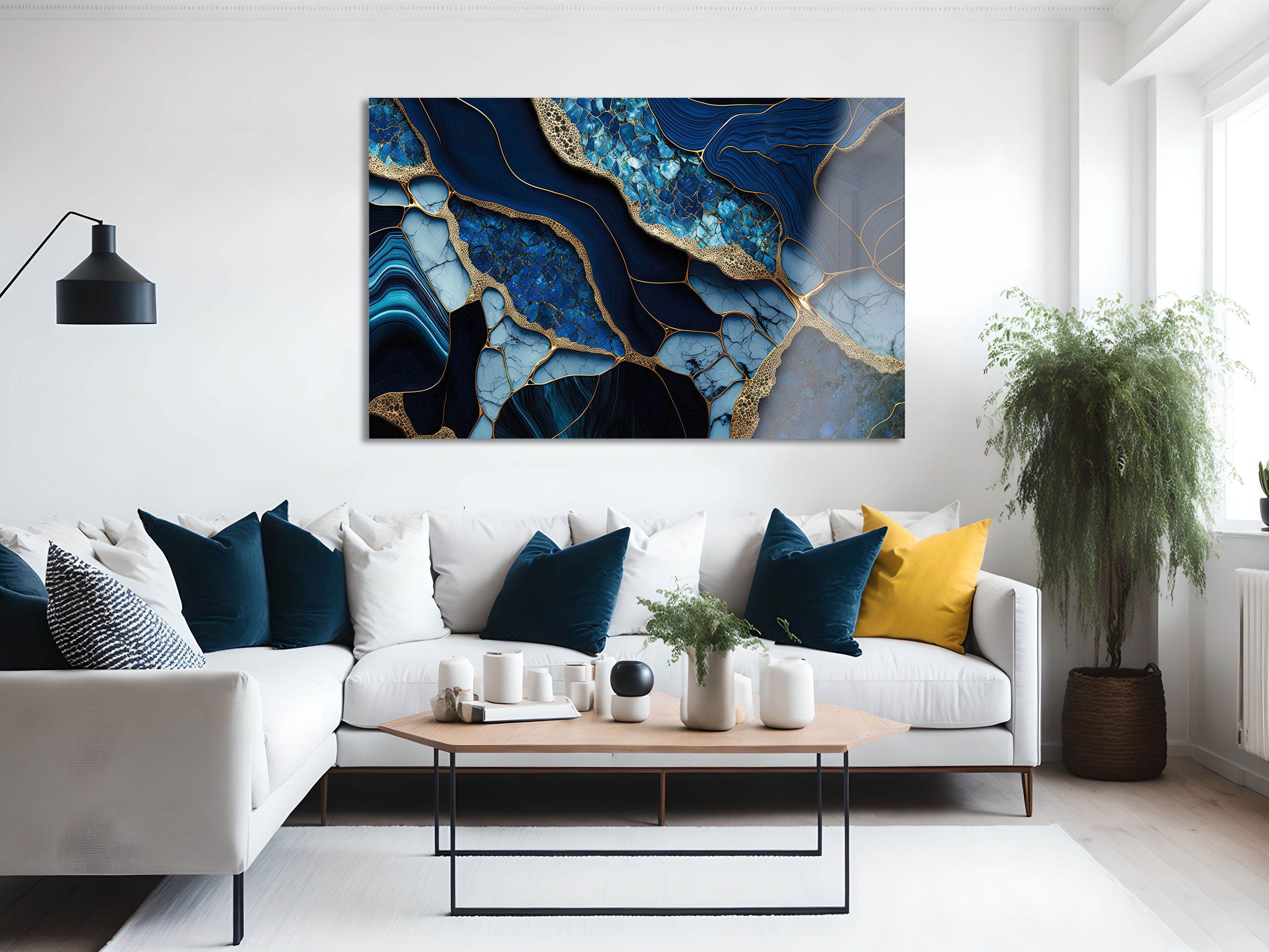 Golden Veined Blue Abstract Wall Art - Modern Canvas Painting for Home & Office Decor - Perfect for Living Room, Bedroom or Workspace