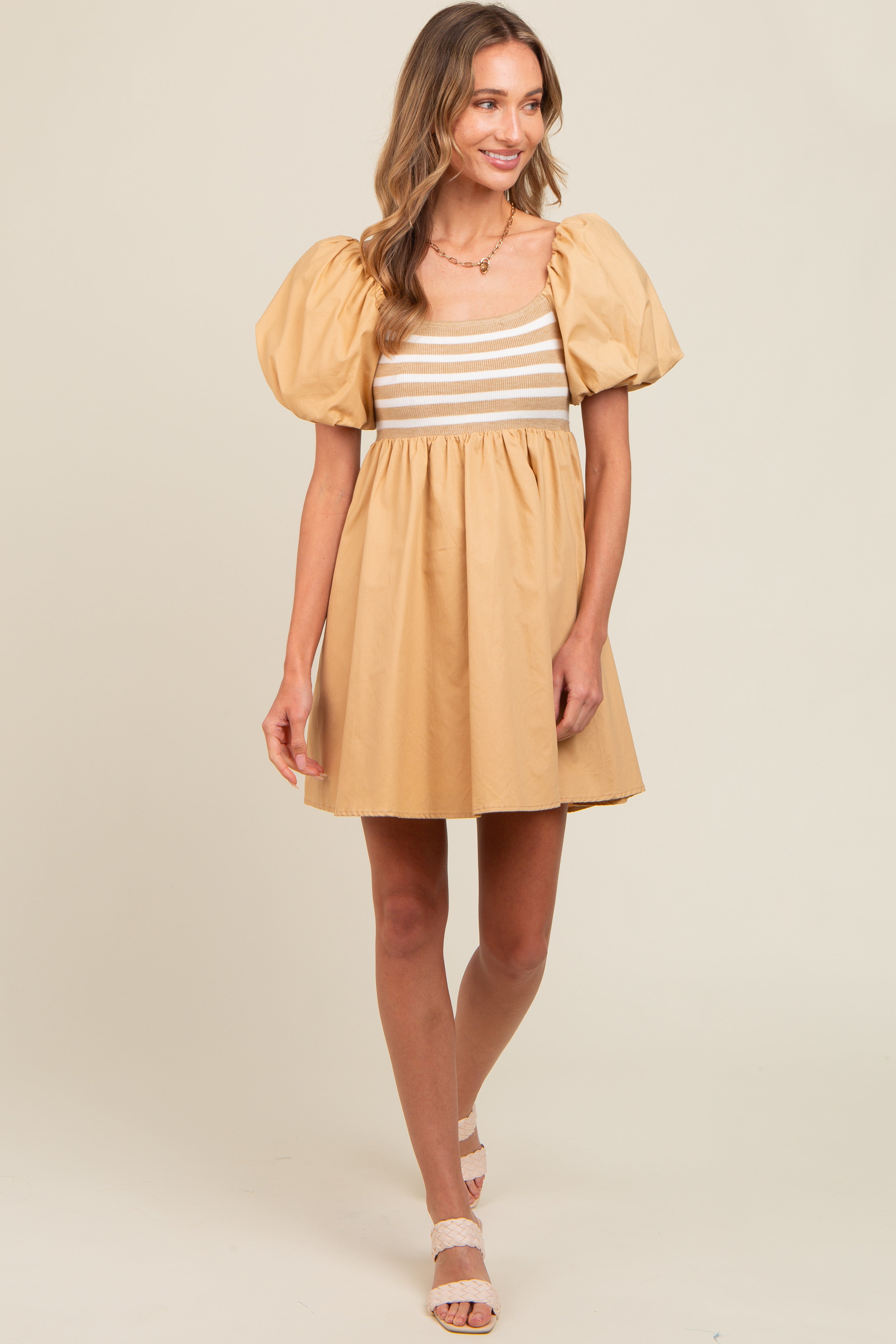 Beige Knit Contrast Poplin Dress for Women - Elegant Casual Summer Dress for Brunch, Beach & Date Nights
